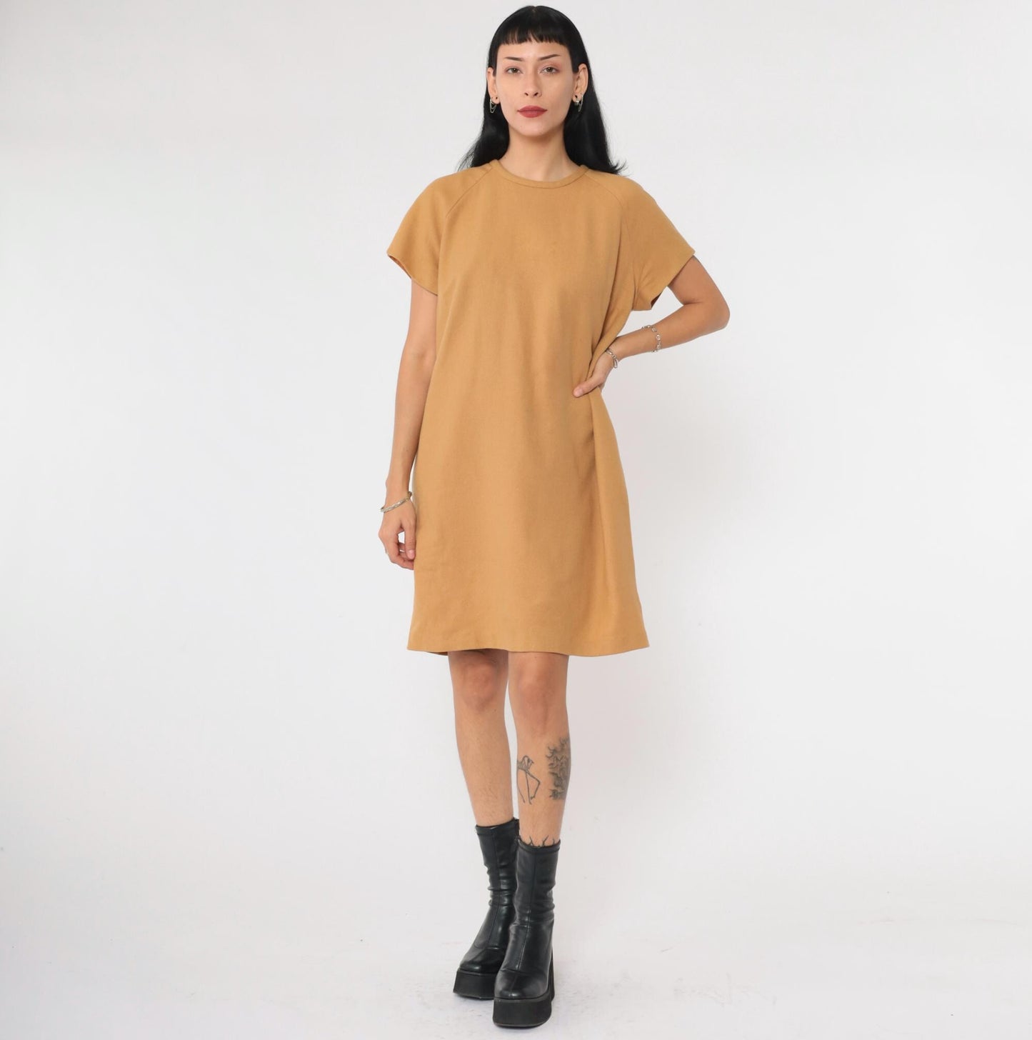 60s Tan Wool Shift Dress Mini Length Short Sleeve Rear Zip Medium