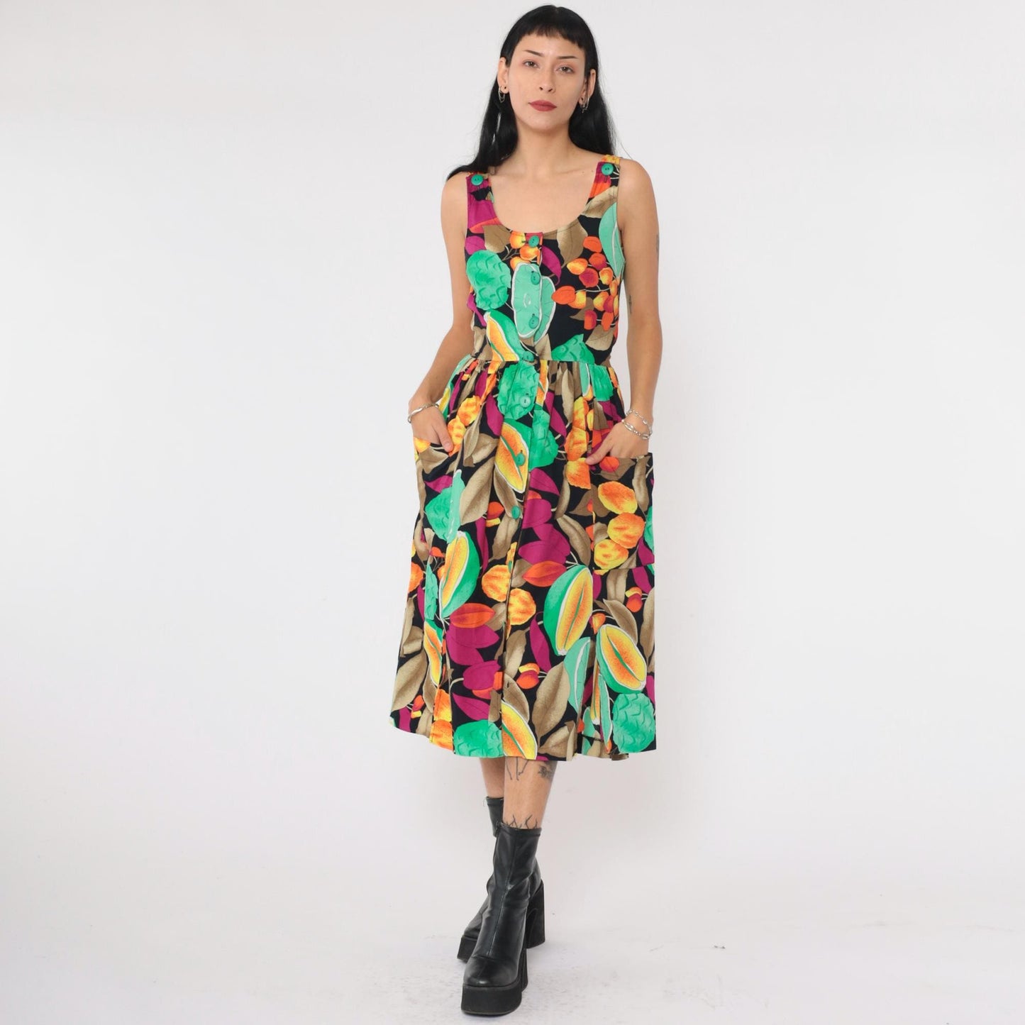 80s Alouette Tropical Fruit Midi Dress Black Button-Up Sleeveless Extra Small