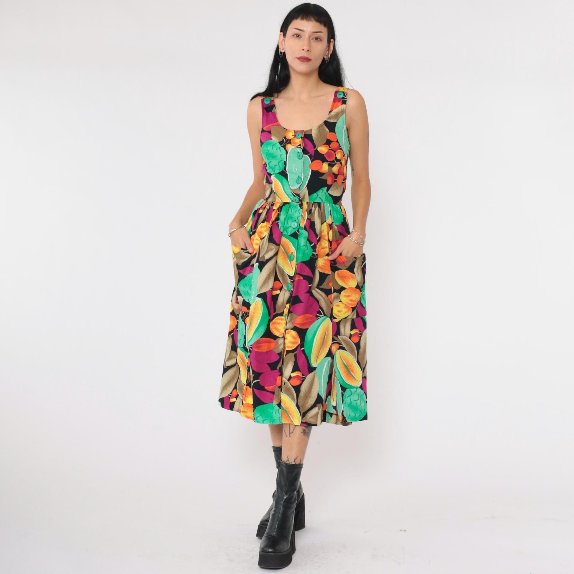 80s Alouette Tropical Fruit Midi Dress Black Button-Up Sleeveless Extra Small