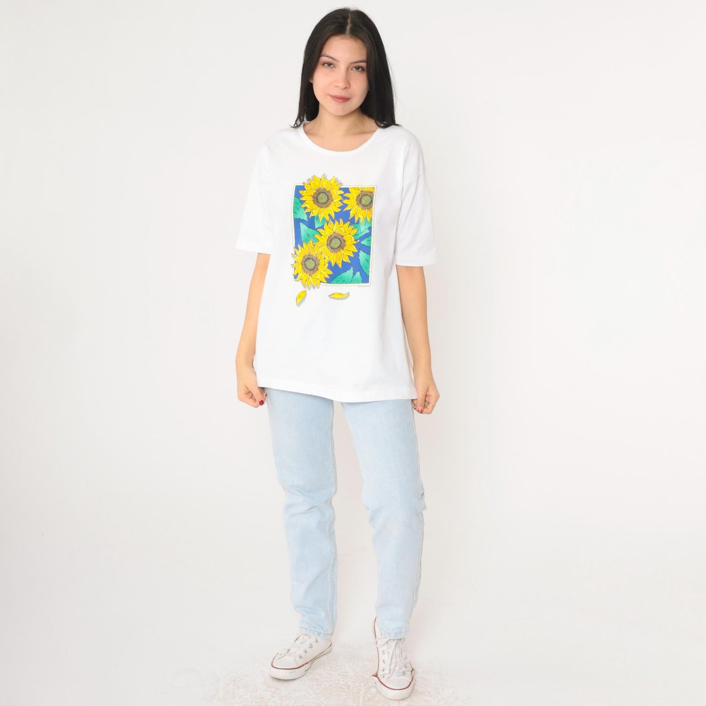 90s Anvil Sunflower Graphic T-Shirt White Cotton Large