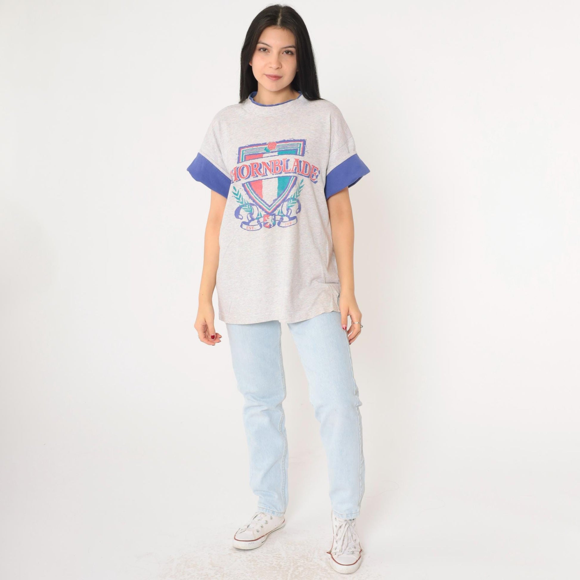 90s Thornblade Golf Club Crest Ringer Tee Heather Grey Blue Large L
