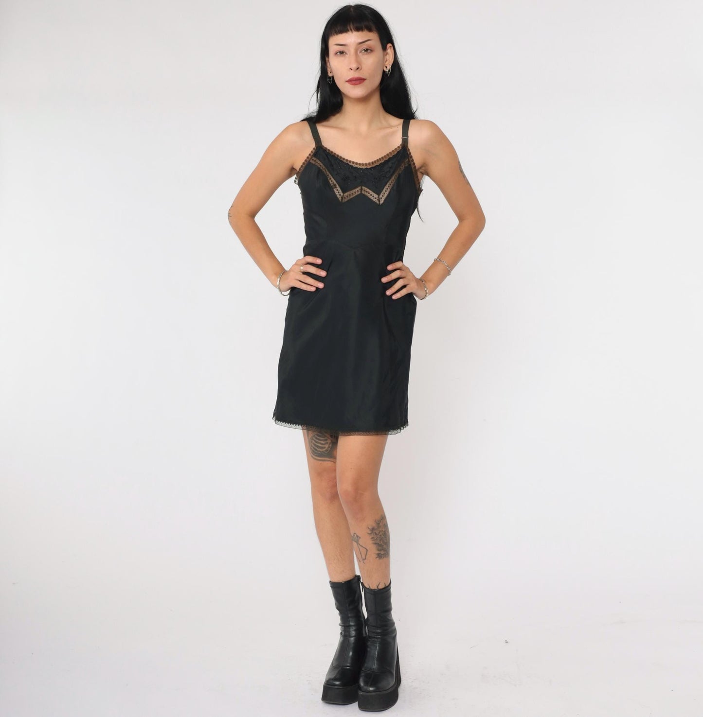 1950s Black Slip Dress Floral Embroidered Lace Trim Barbizon Extra Small