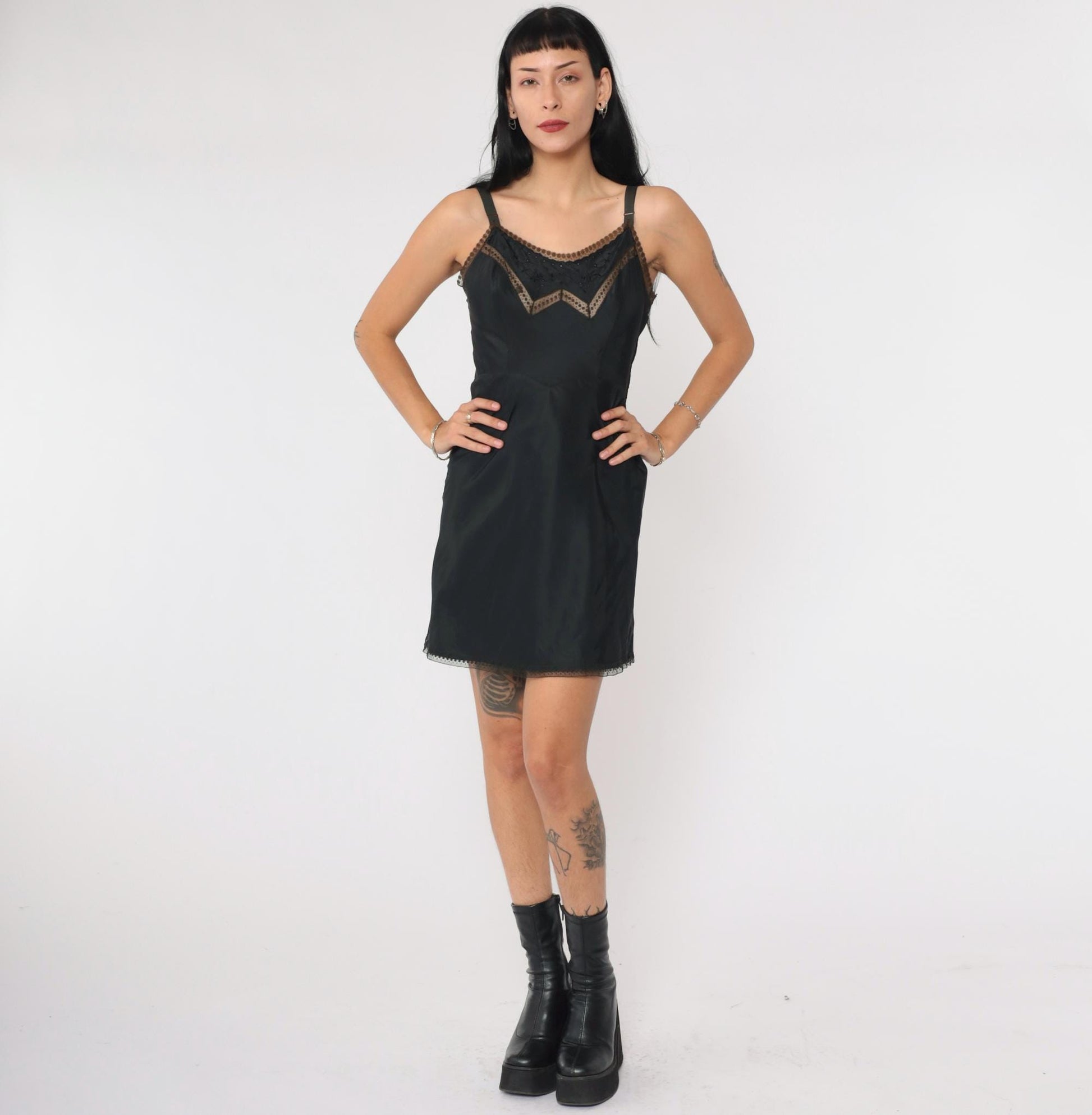 1950s Black Slip Dress Floral Embroidered Lace Trim Barbizon Extra Small