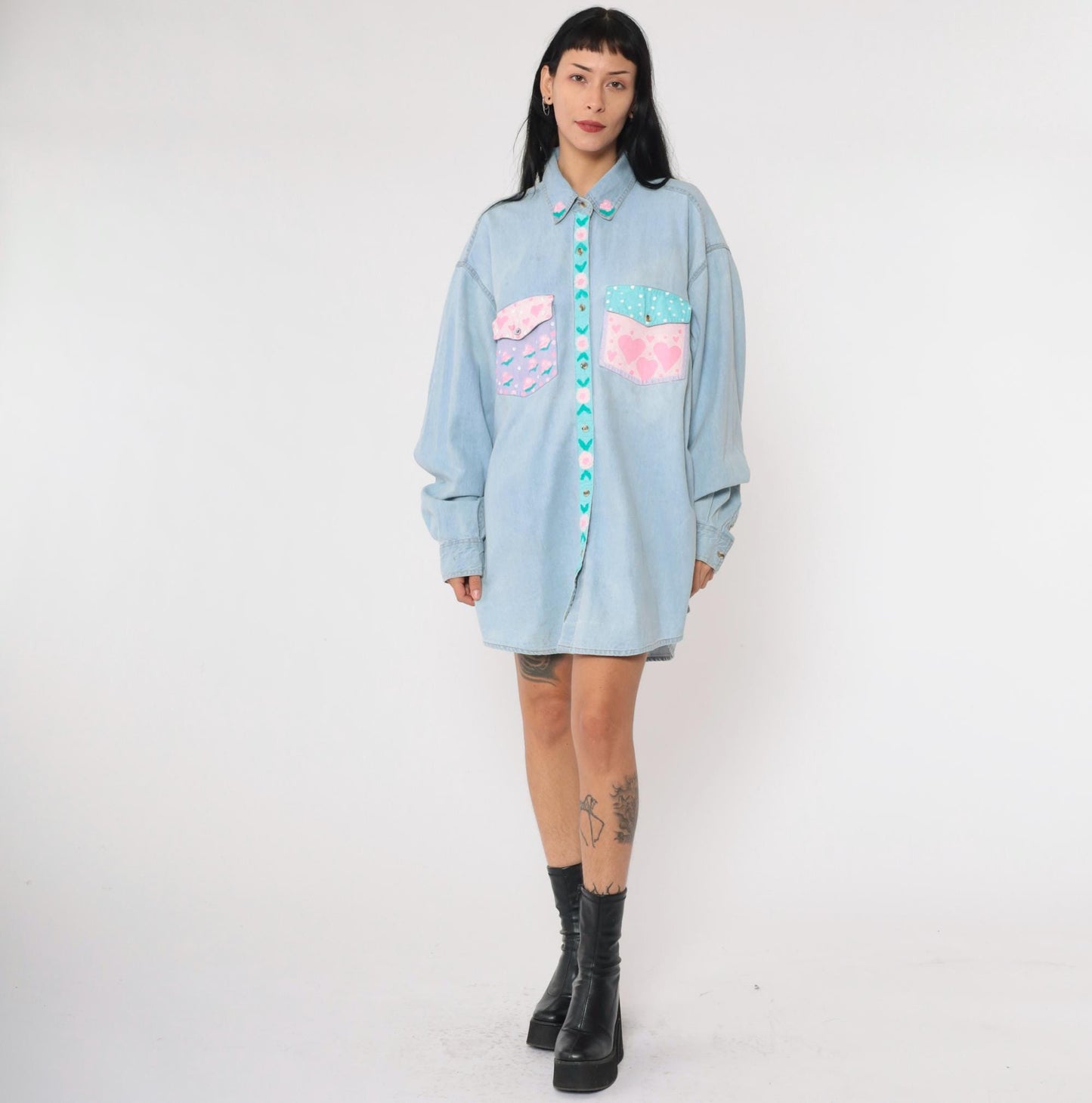 90s Hand Painted Floral Denim Button Up Shirt Blue Plus Size XXL