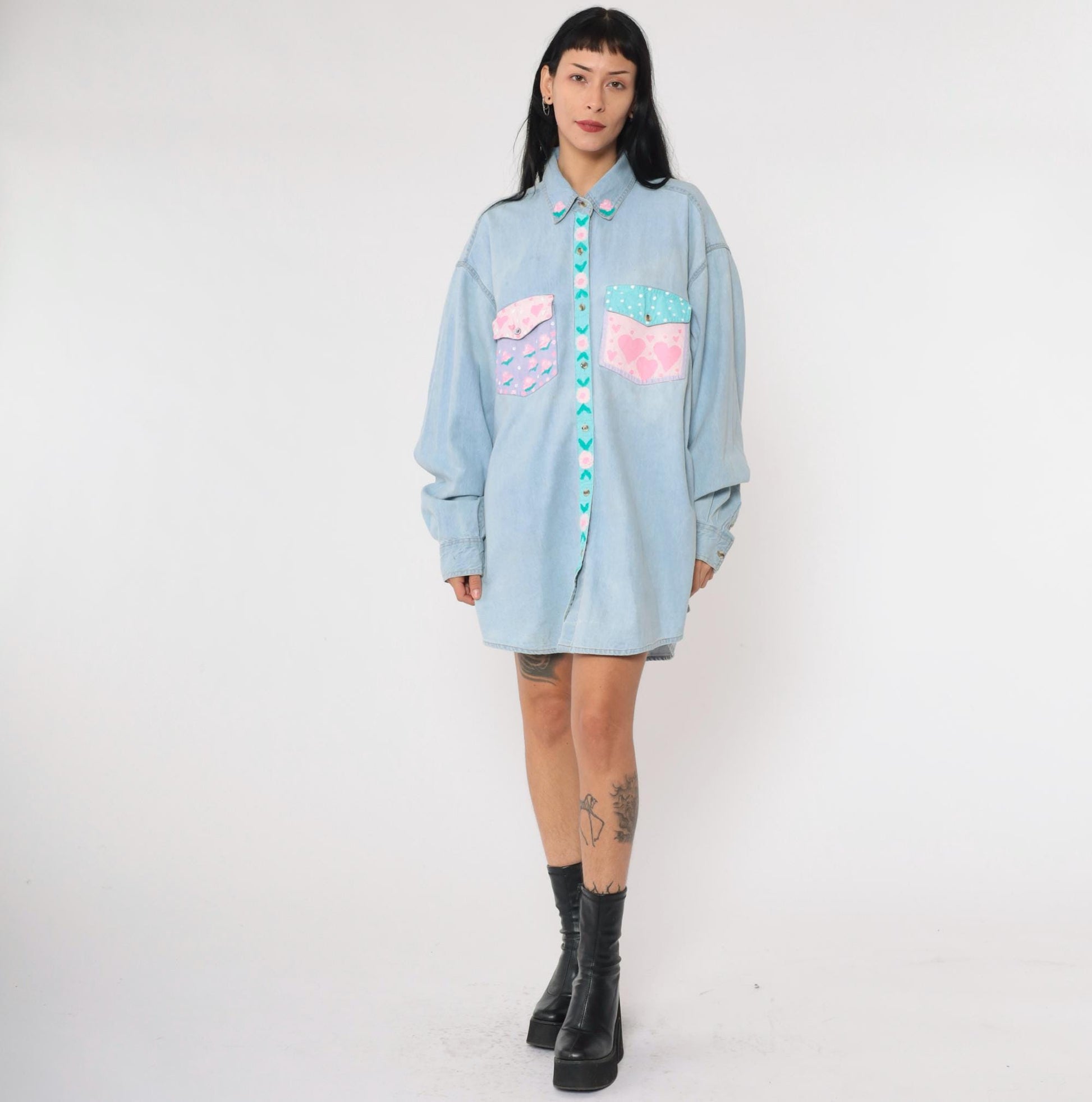 90s Hand Painted Floral Denim Button Up Shirt Blue Plus Size XXL