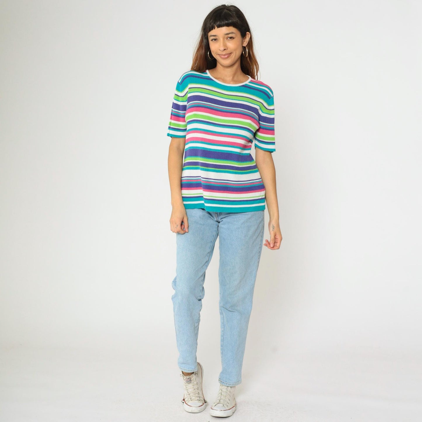 90s Worthington Striped Ribbed Knit Top Short Sleeve Pink Purple Blue Large L