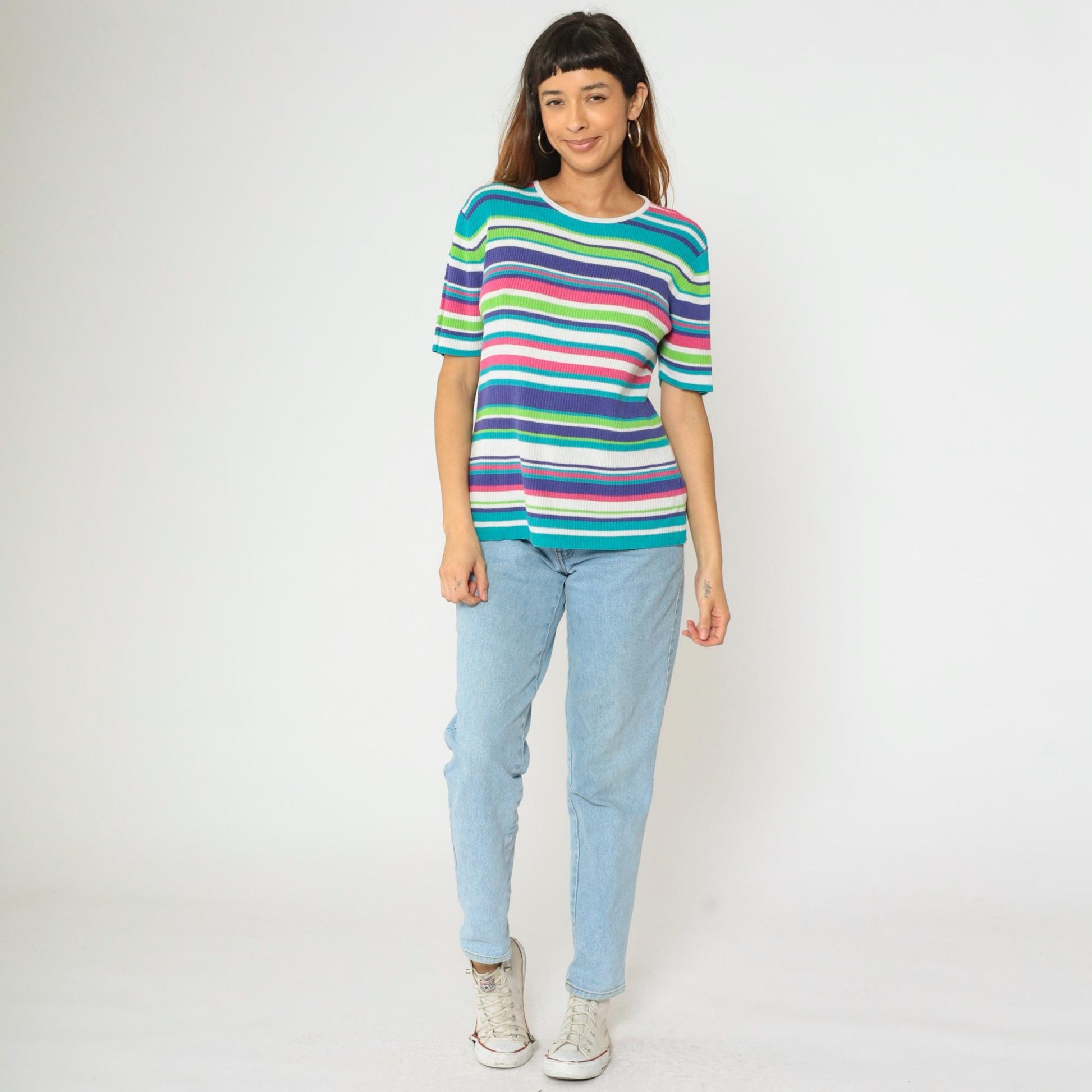 90s Worthington Striped Ribbed Knit Top Short Sleeve Pink Purple Blue Large L