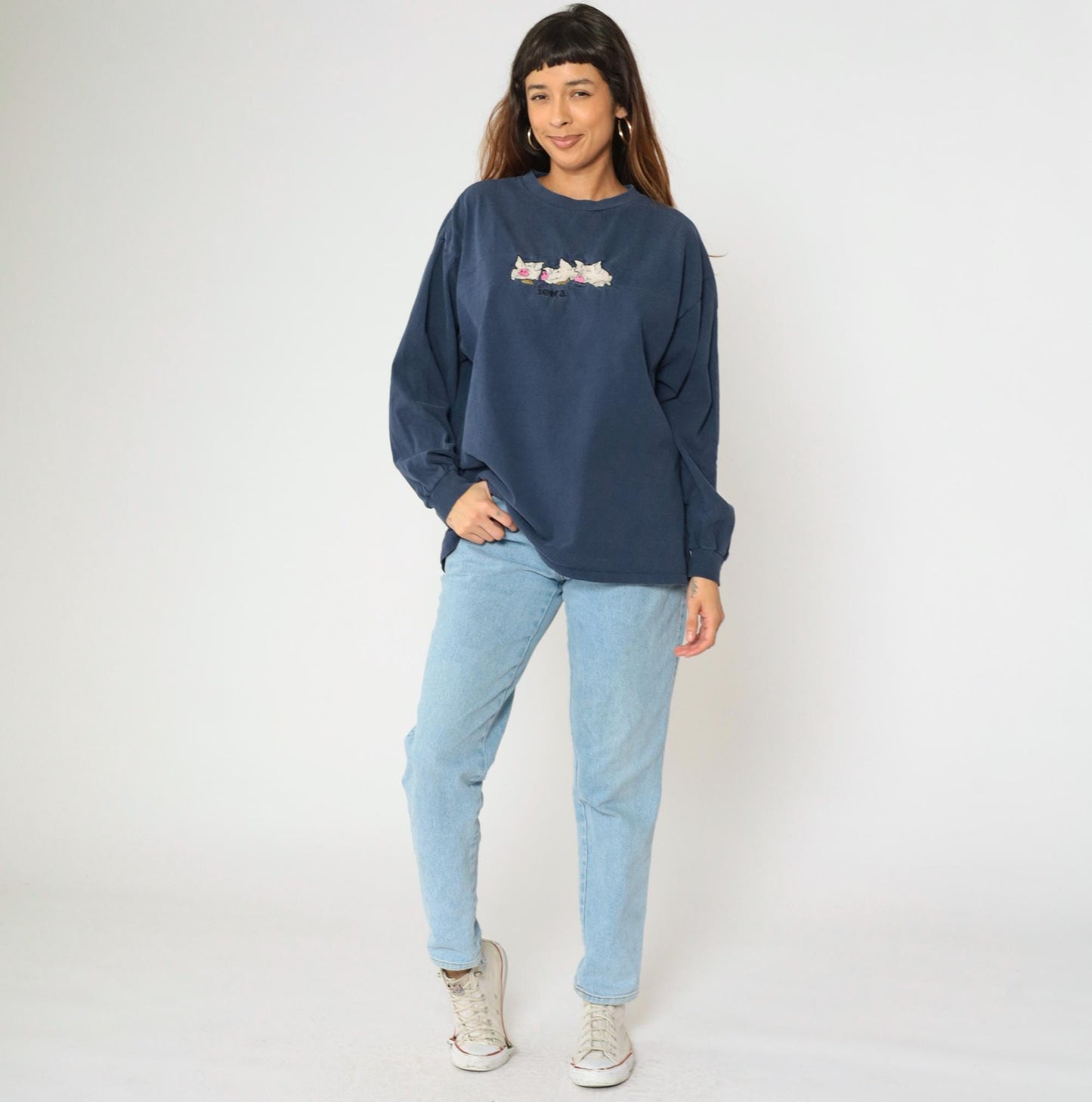 90s Iowa Pig Corn Embroidered Long Sleeve T Shirt Navy Blue Extra Large XL