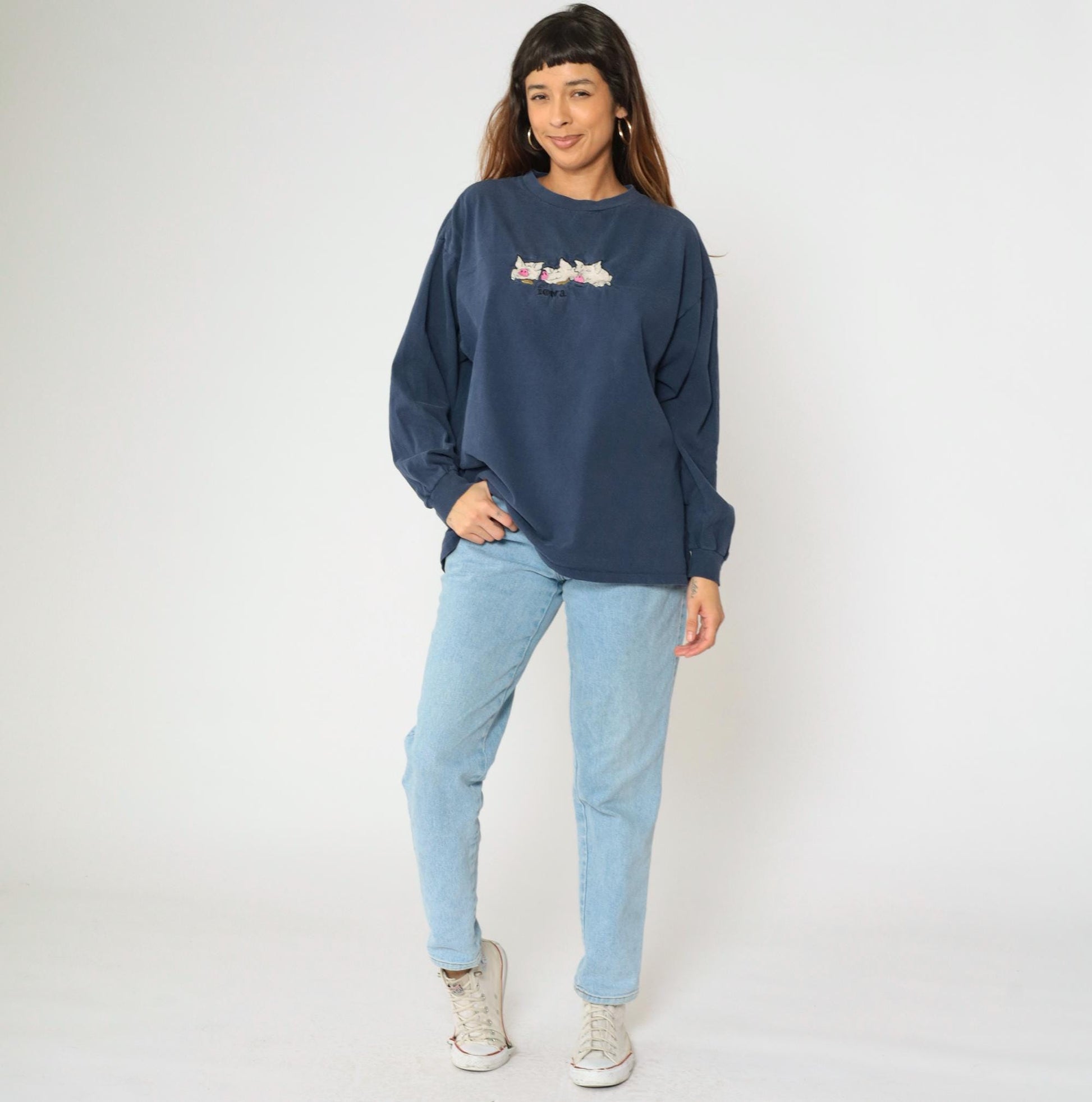 90s Iowa Pig Corn Embroidered Long Sleeve T Shirt Navy Blue Extra Large XL