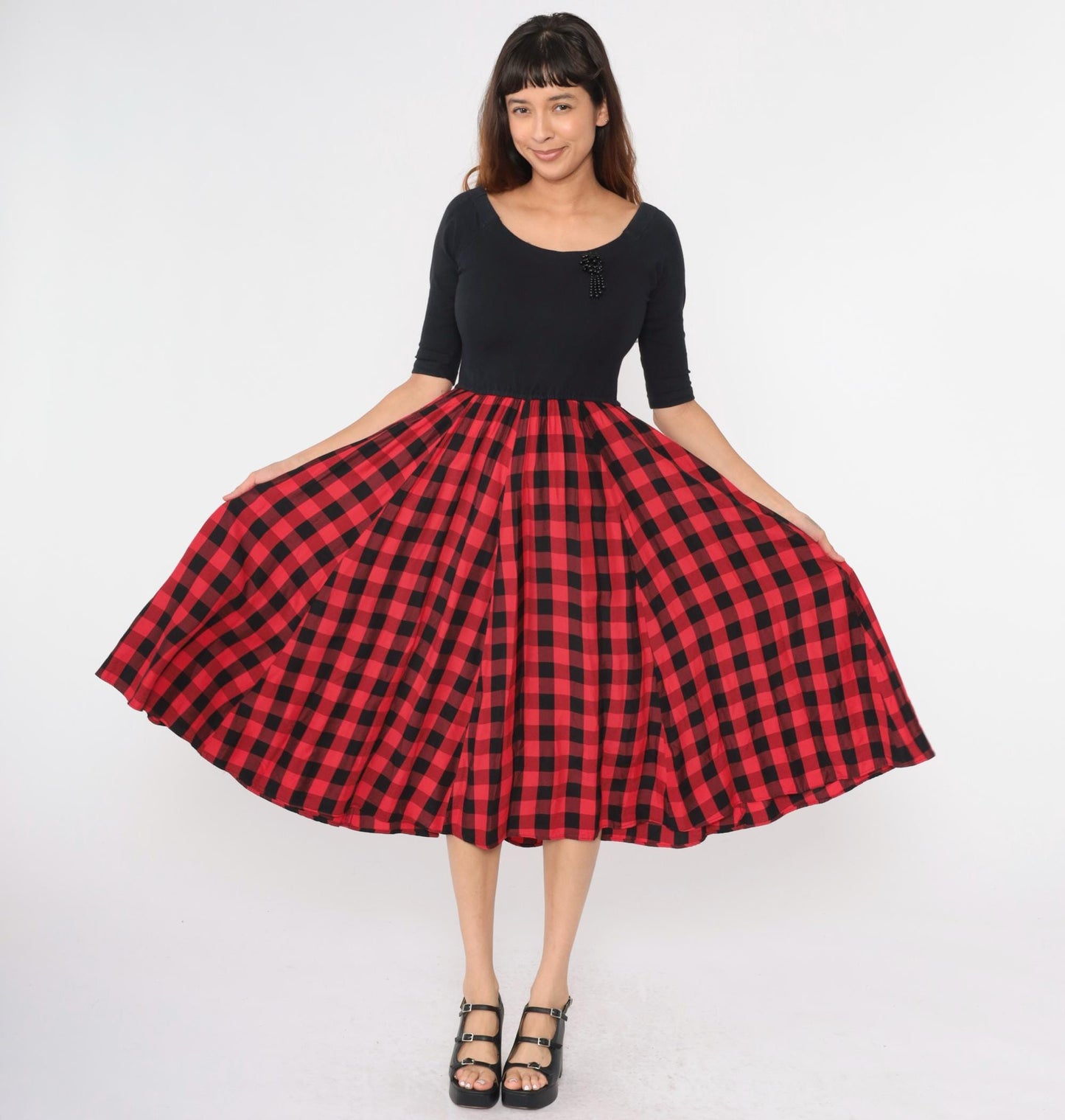 90s Buffalo Check Midi Dress Black Red High Waist Beaded Detail Medium