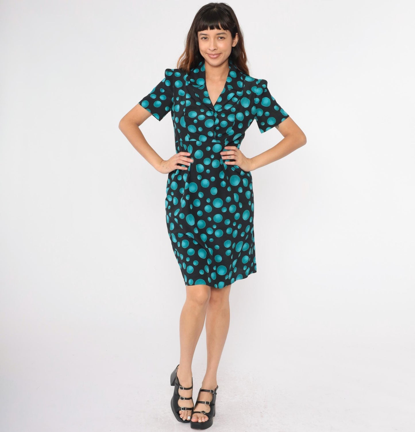 90s Black Teal Polka Dot Midi Dress Puff Sleeve High Waist Medium