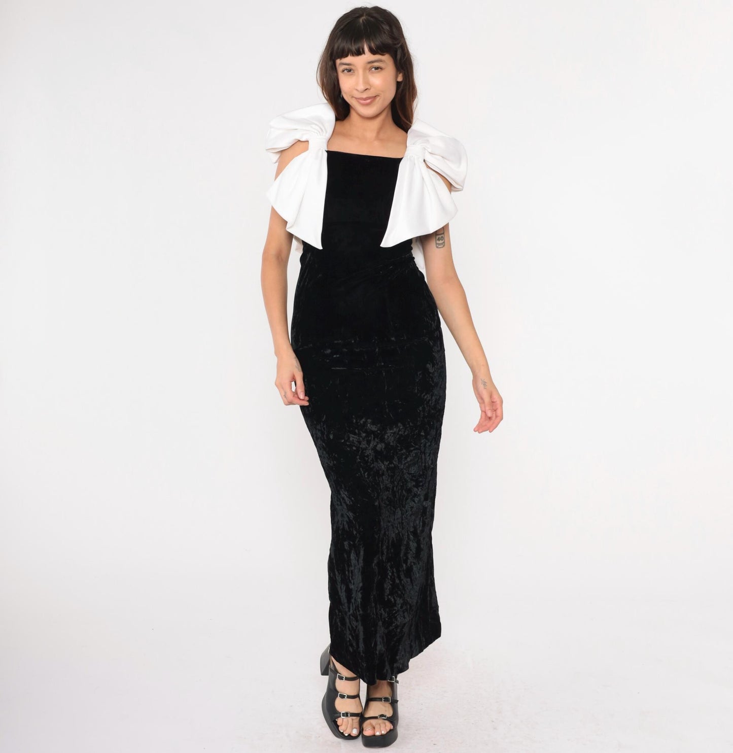 80s Black Velvet Maxi Dress White Bow Sleeveless Sheath Extra Small