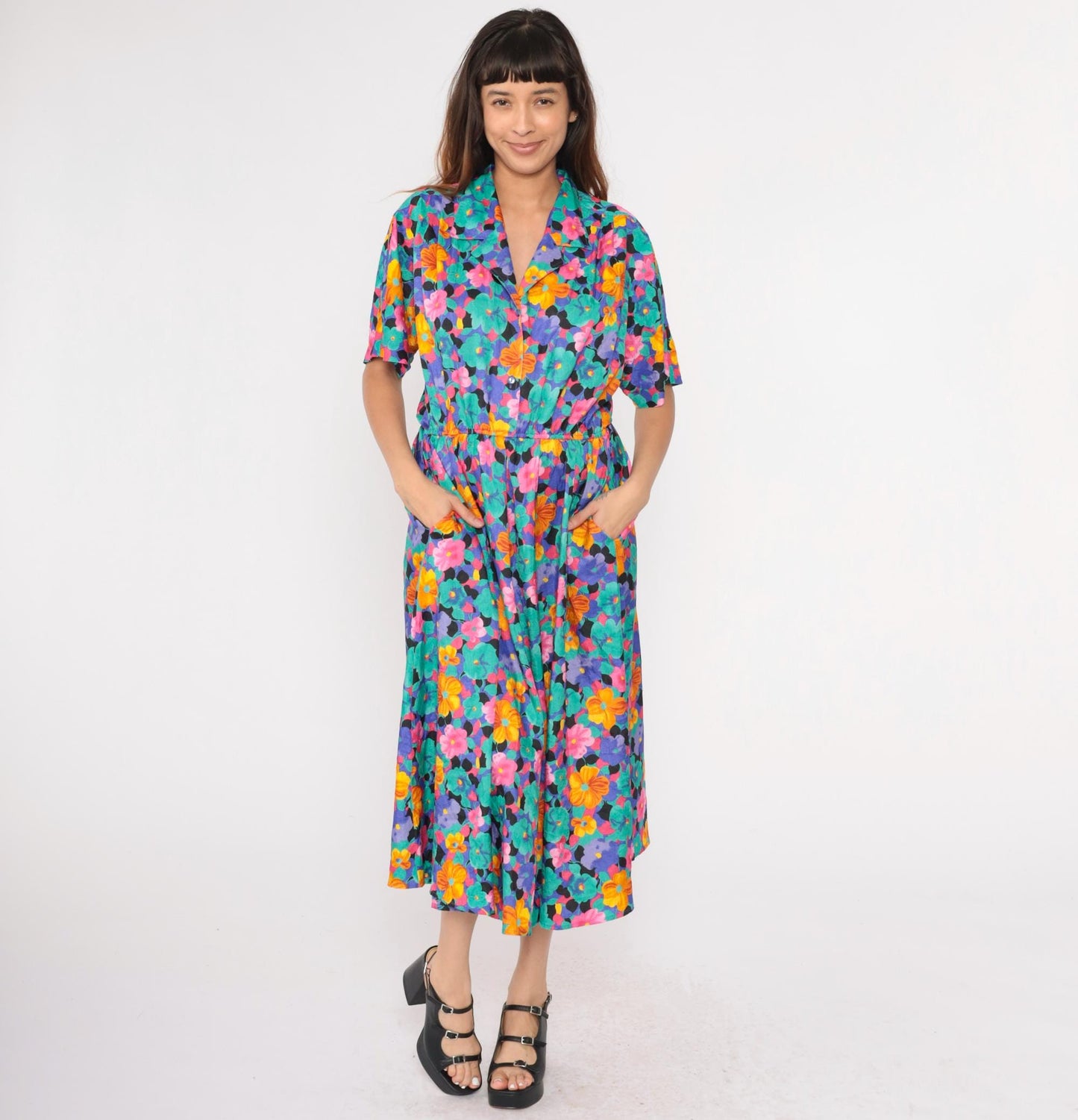 80s Floral Midi Shirtdress High Waist Button Front Turquoise Pink Blue Medium