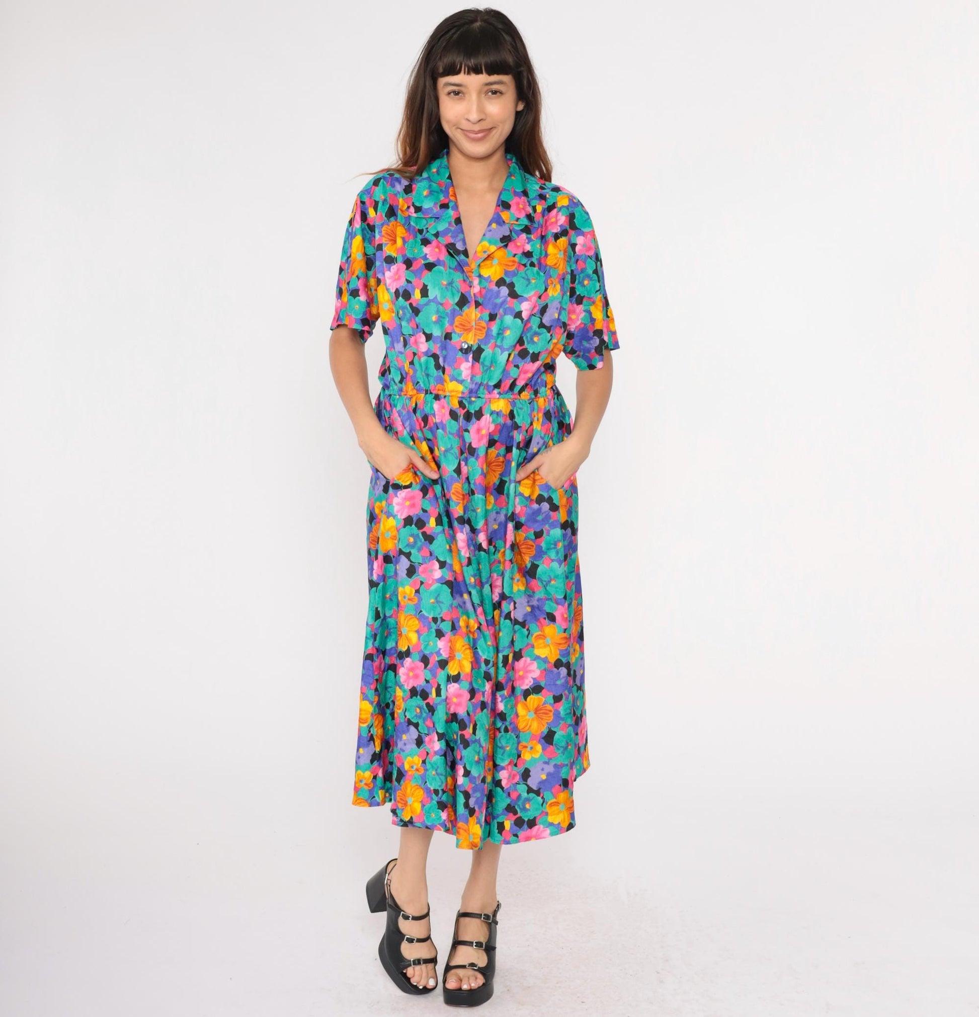 80s Floral Midi Shirtdress High Waist Button Front Turquoise Pink Blue Medium