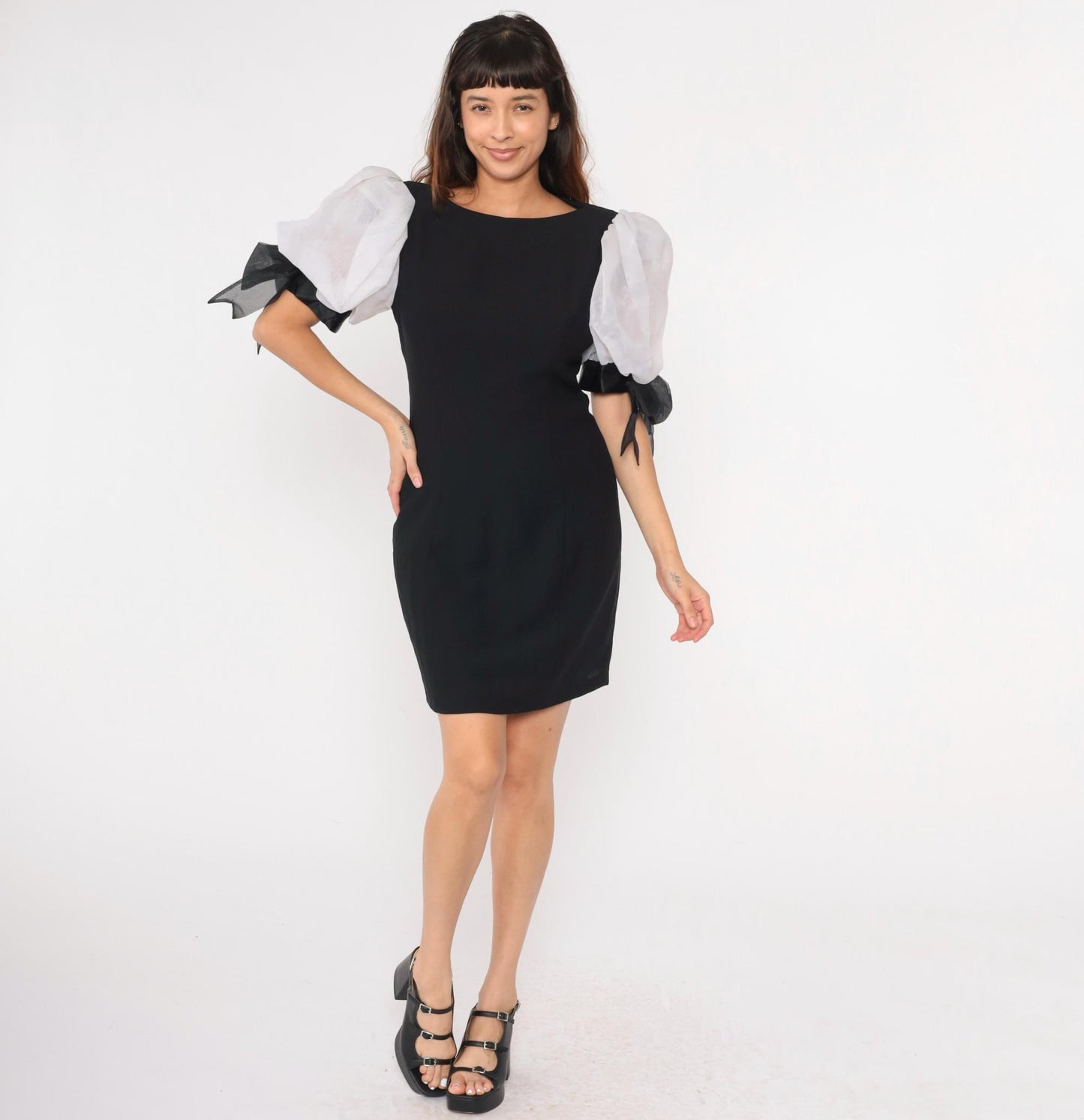80s Black Organza Puff Sleeve Mini Dress with Bow Cuffs Small