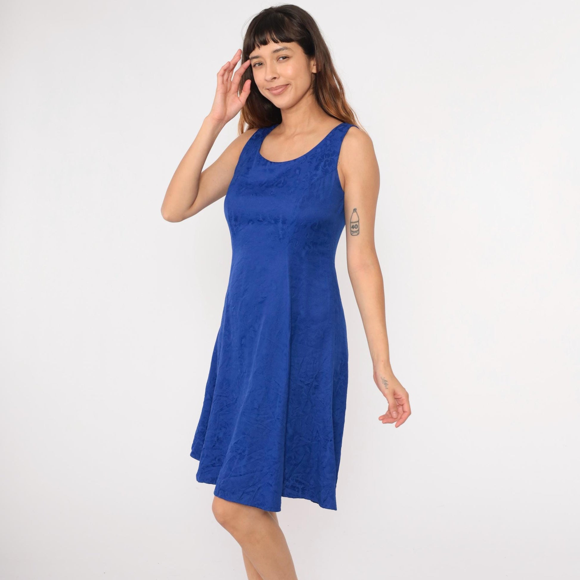 90s Karin Stevens Royal Blue Floral Jacquard Mini Dress Sleeveless Medium