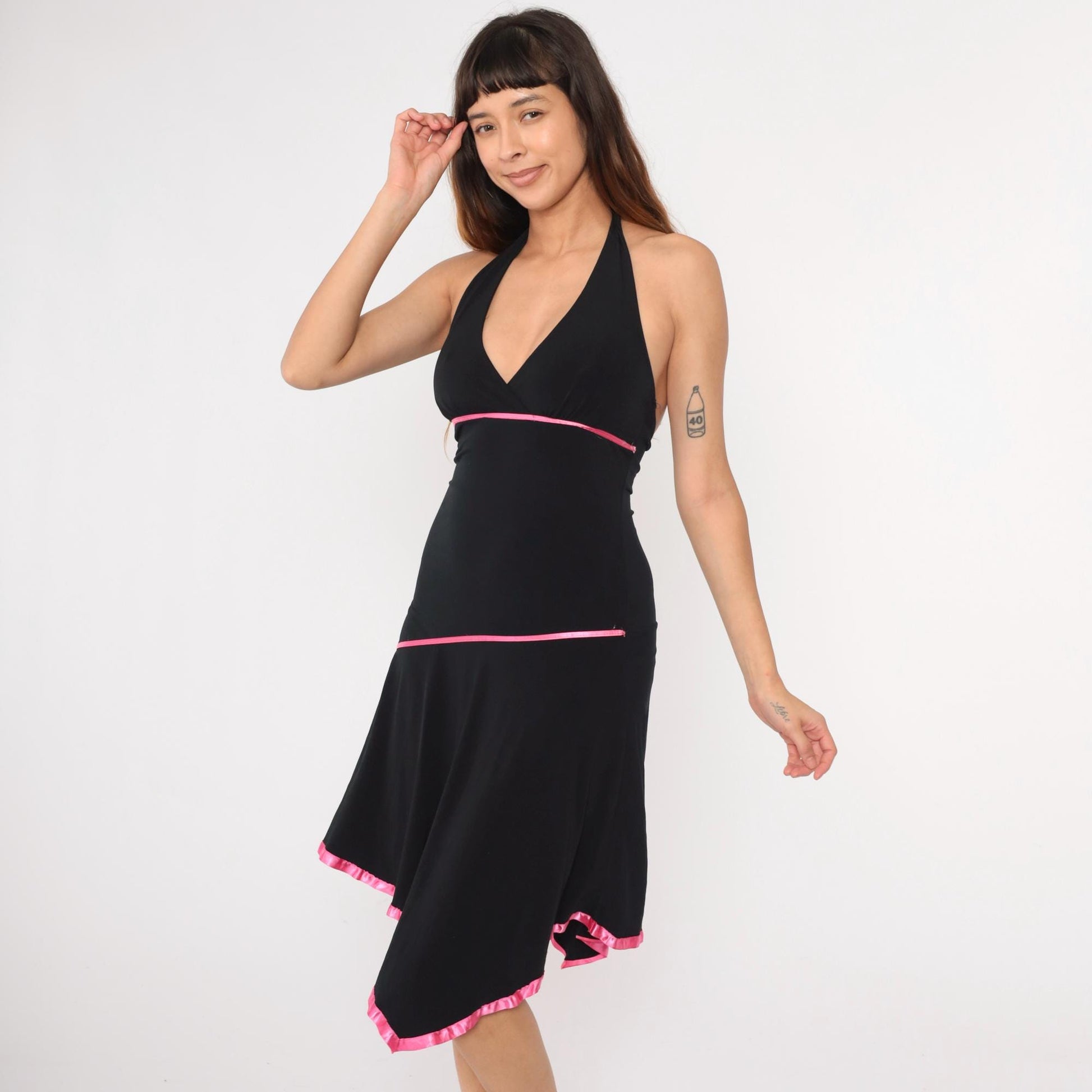 Y2K Black Halter Midi Dress Asymmetrical Hanky Hem Pink Trim Small Medium