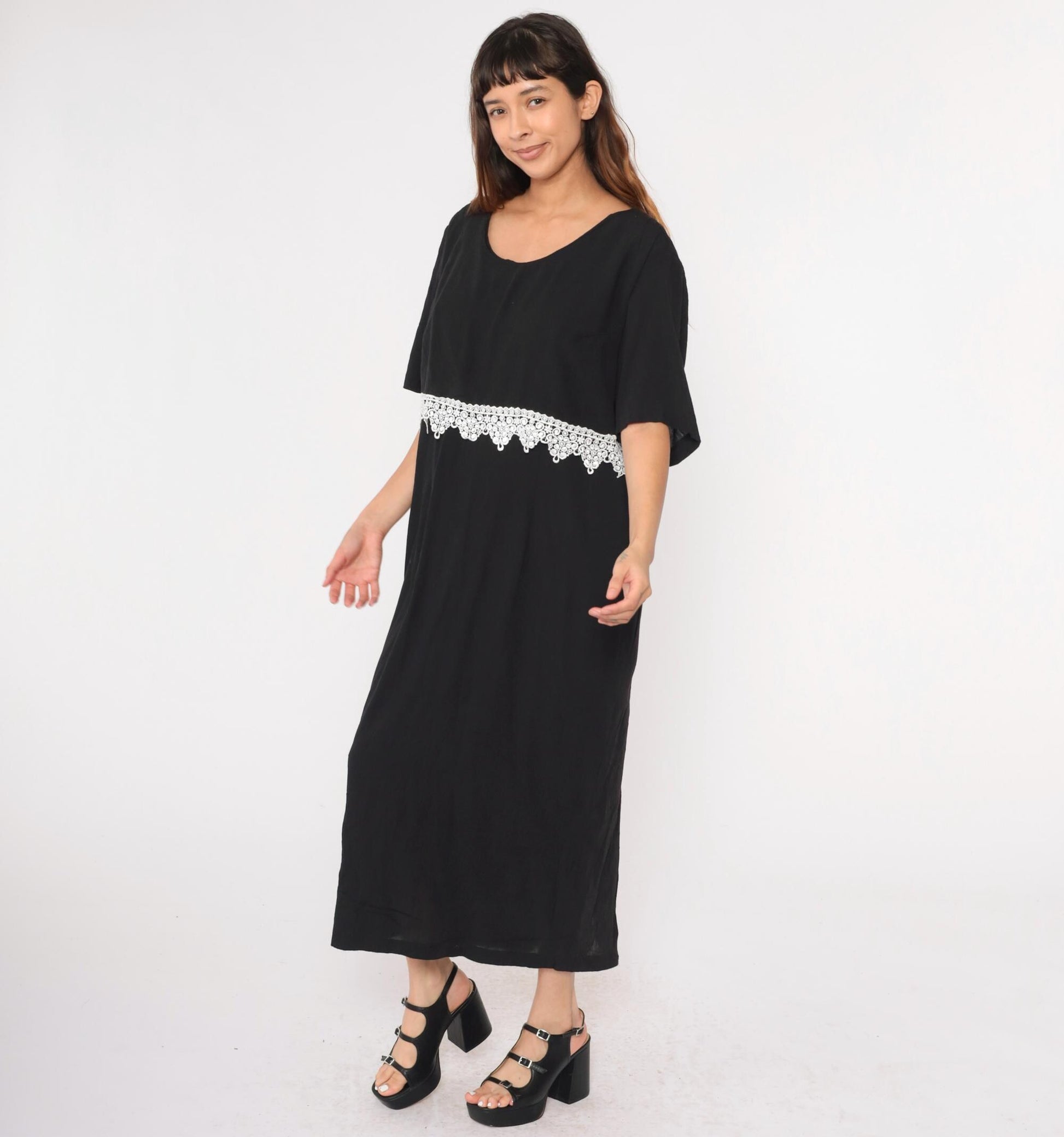 90s Black Maxi Dress White Lace Trim Short Sleeve Scoop Neck Plus Size 20W