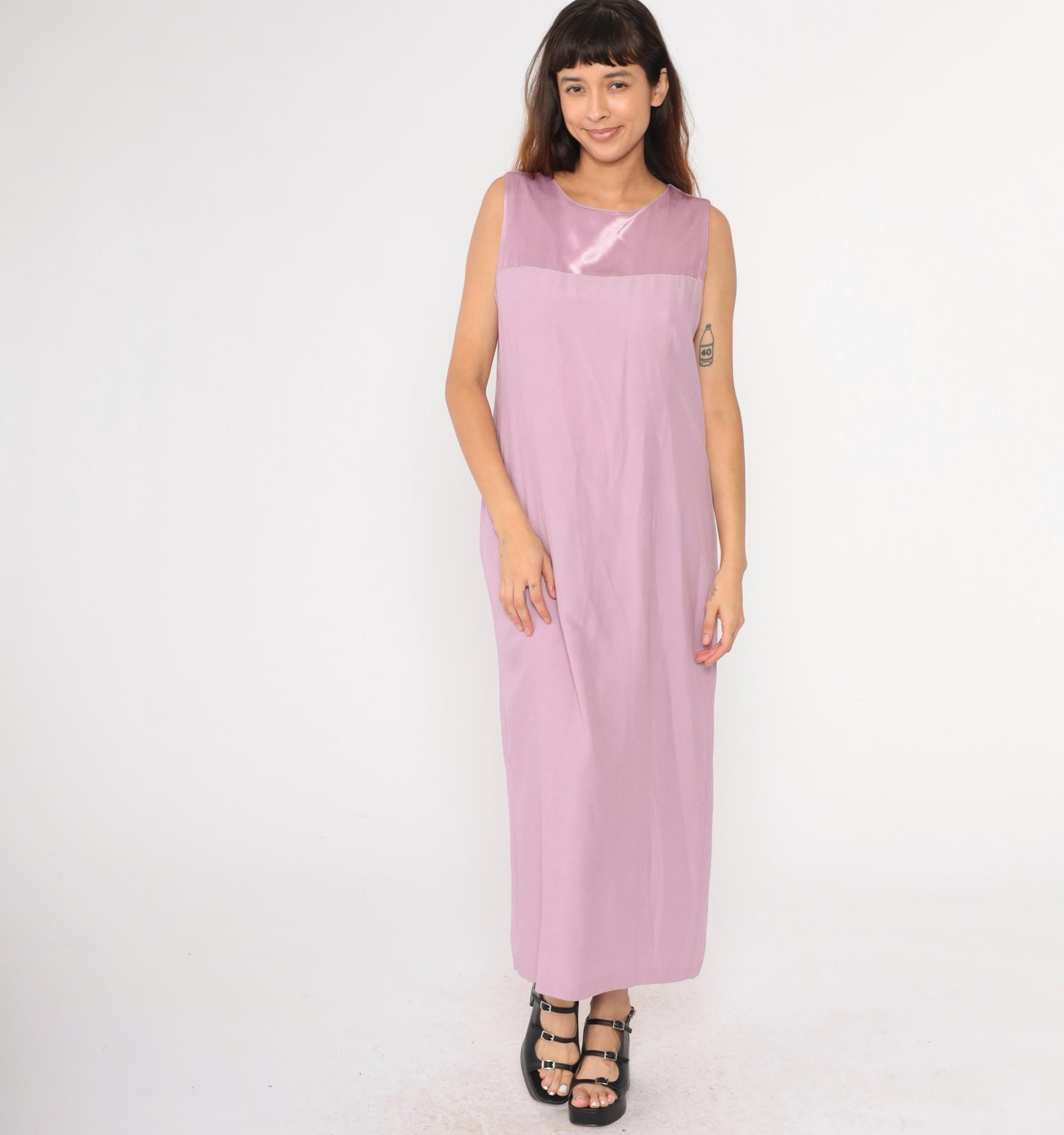 90s Lavender Satin Yoke Maxi Shift Dress Sleeveless Large L