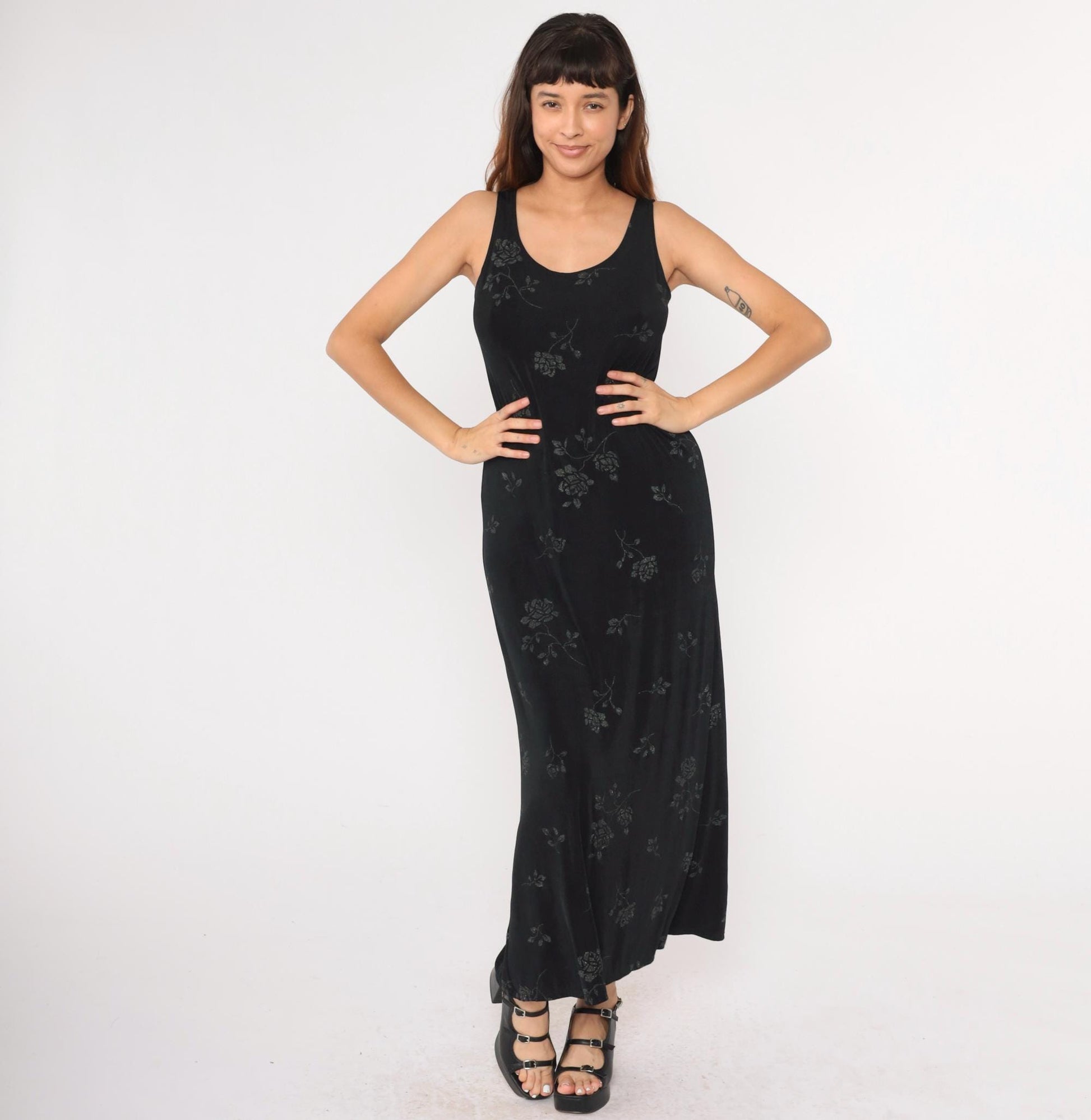 90s John Paul Richard Black Floral Glitter Maxi Dress Sleeveless Large L