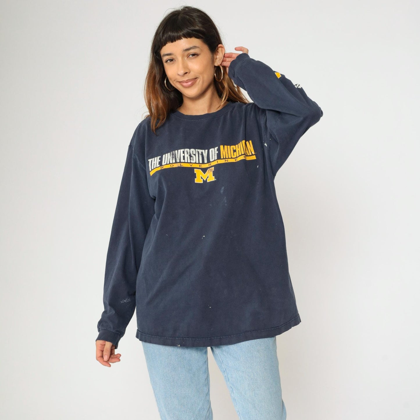 Y2K Michigan Wolverines Graphic Long Sleeve Tee Navy Paint Splatter Large