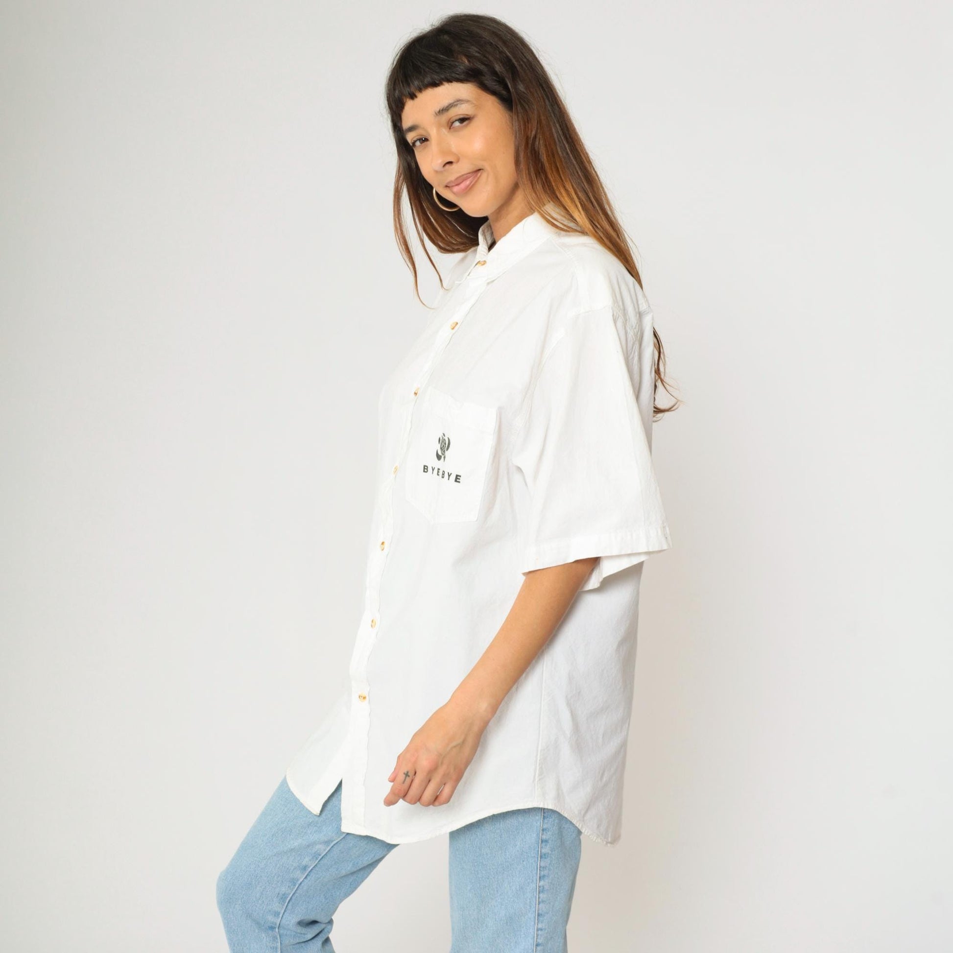90s Bye Bye Cozumel Turtle Graphic Button-Up Shirt White Cotton Large