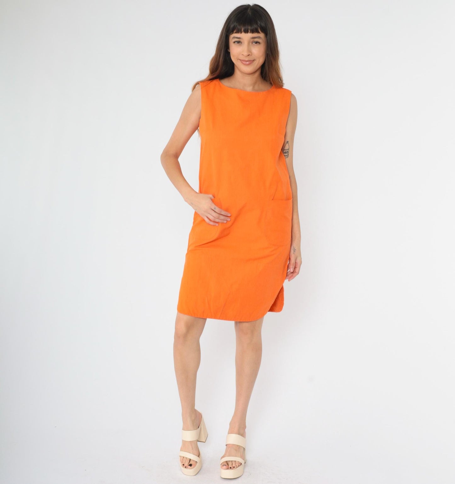 60s Mod Orange Shift Dress Sleeveless Pockets Curved Hem Small Medium