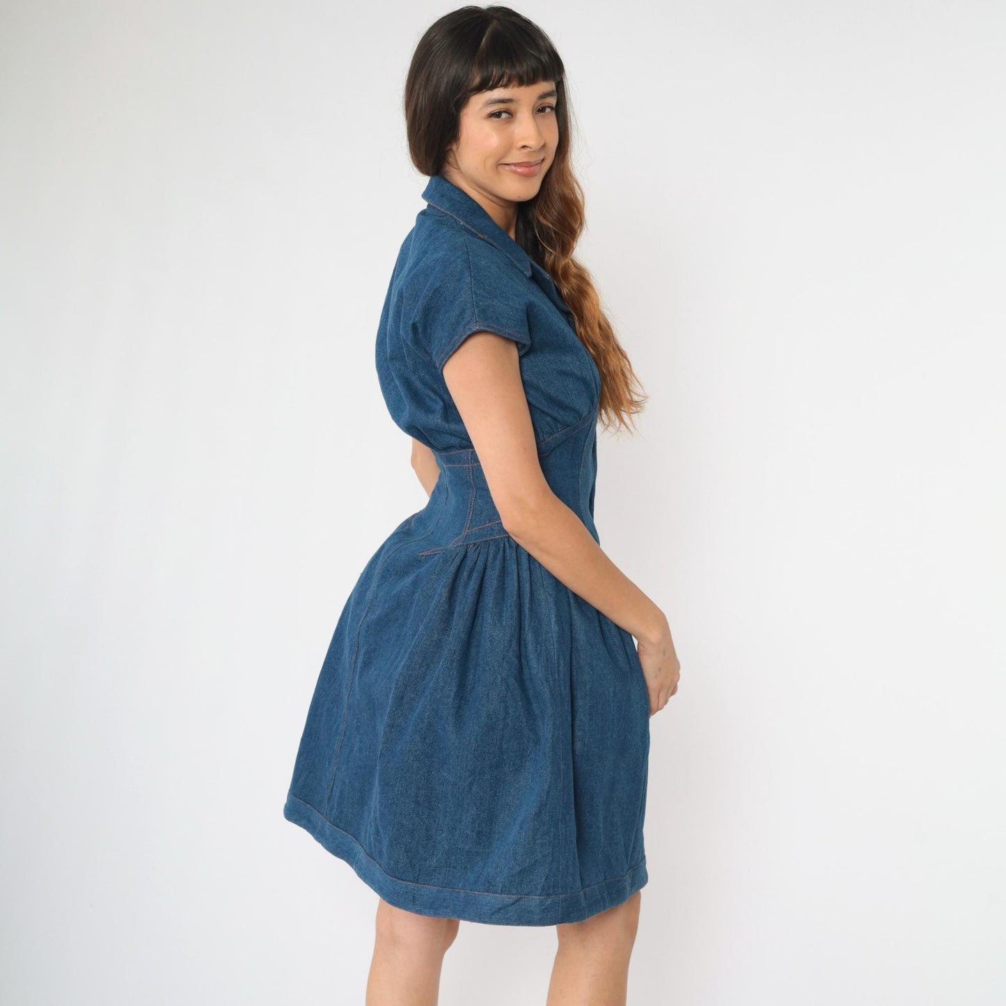 80s Denim Western Dress Snap Button Cap Sleeve Mini Blue Jean Small