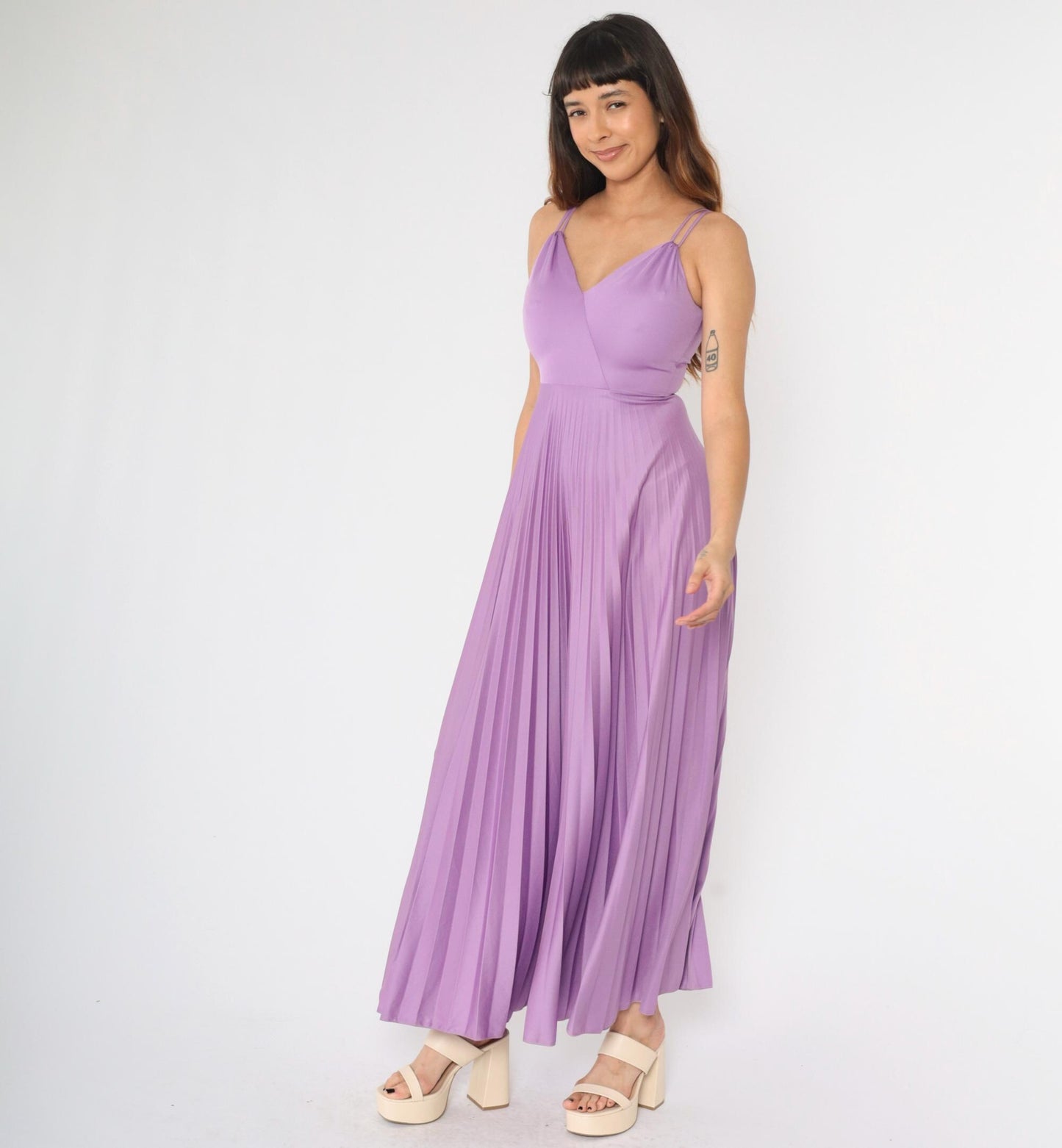 70s Purple Pleated Maxi Dress Deep V Neck Spaghetti Strap Disco Gown XS