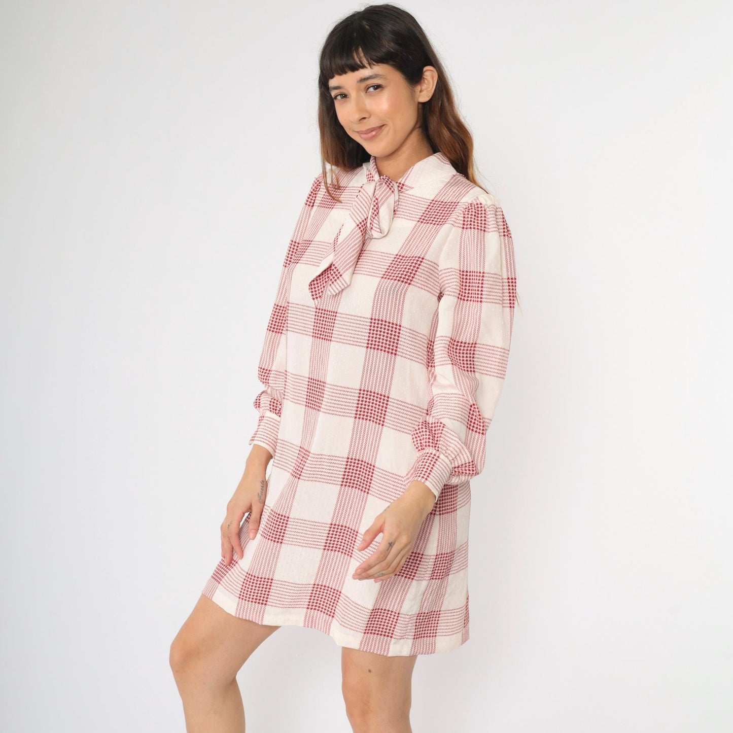 80s Red Houndstooth Mini Dress Tie-Neck Puff Sleeve Shift White Medium M