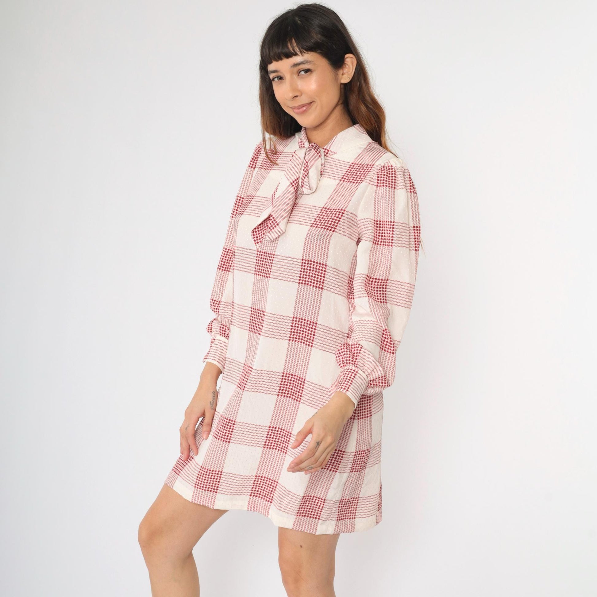 80s Red Houndstooth Mini Dress Tie-Neck Puff Sleeve Shift White Medium M