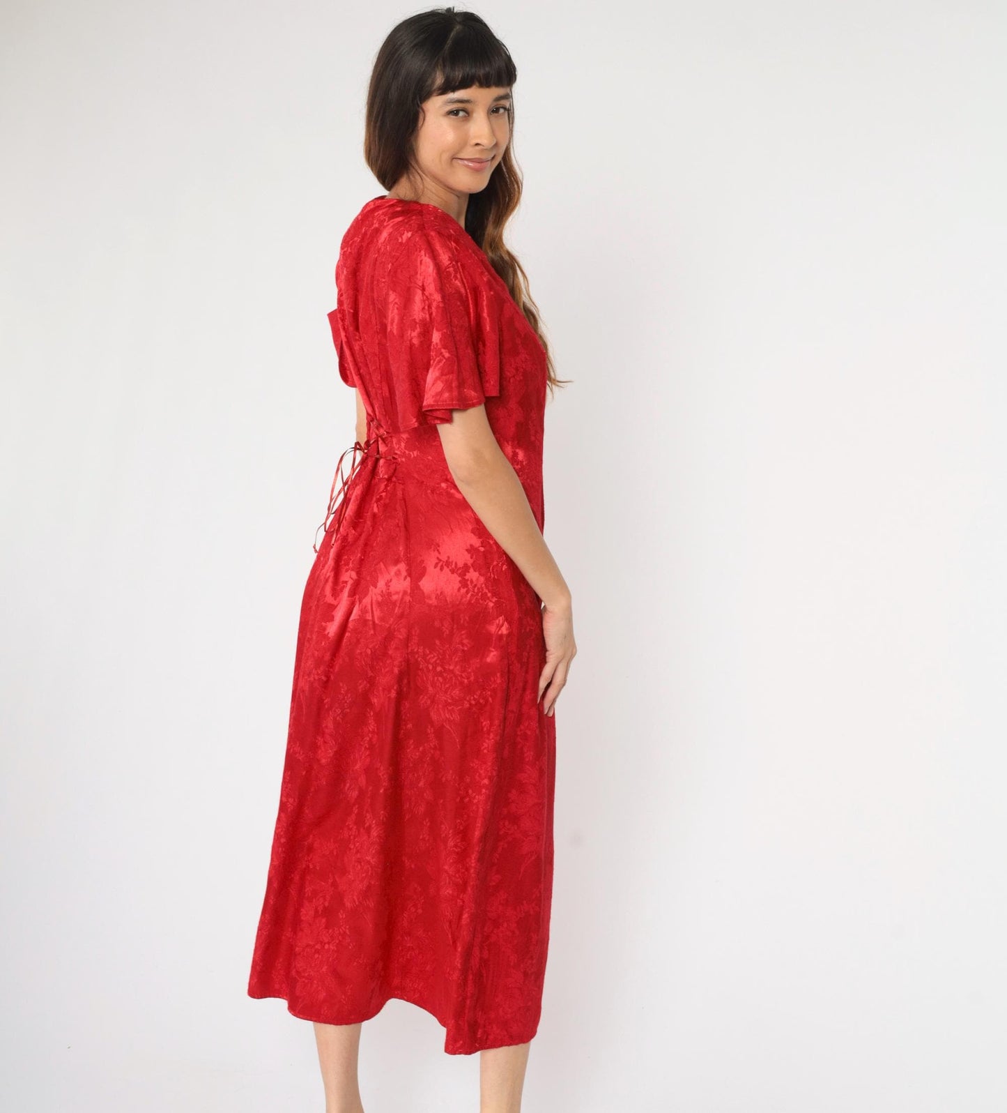 90s Olivia Rose Red Floral Embossed Midi Dress Flutter Sleeve Medium