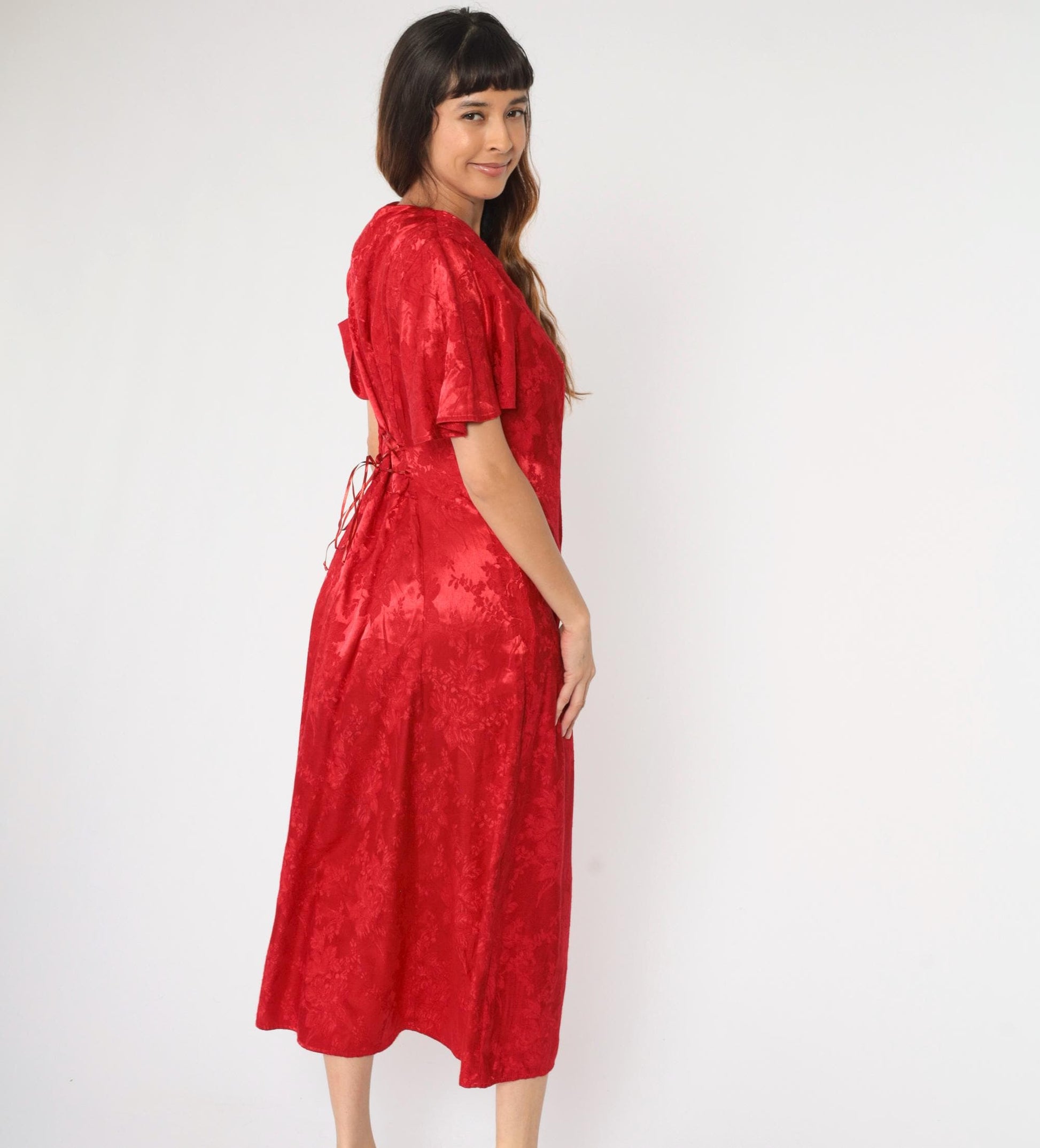 90s Olivia Rose Red Floral Embossed Midi Dress Flutter Sleeve Medium