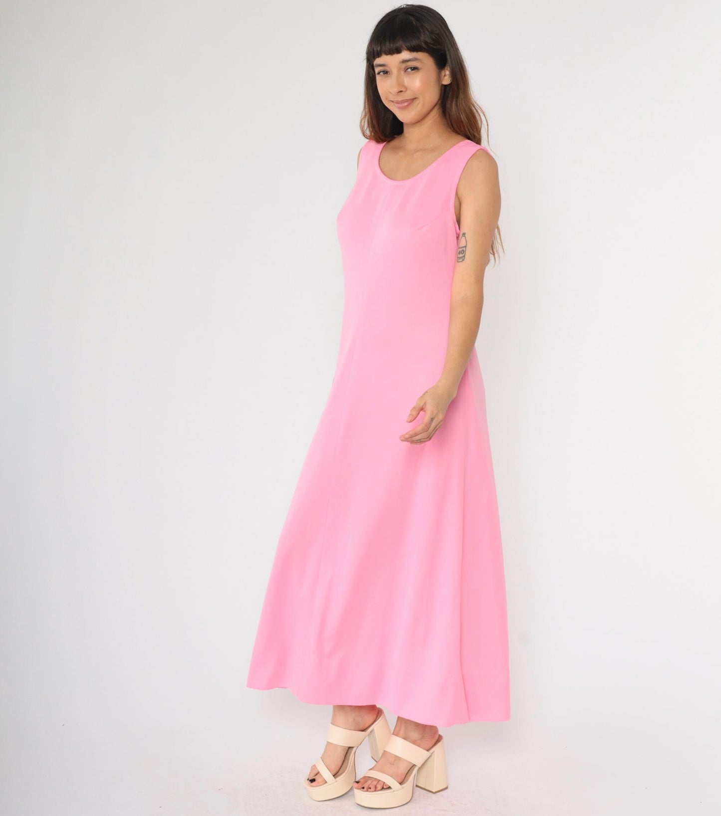 70s Pink Sleeveless Shift Maxi Dress Scoop Neck Ankle Length Large