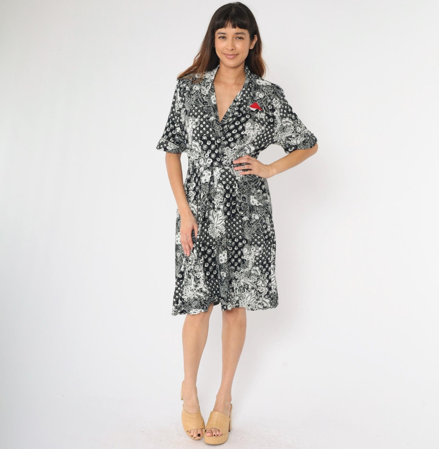 80s Jessica Ryan Black White Floral Midi Dress Faux Wrap Epaulettes Medium