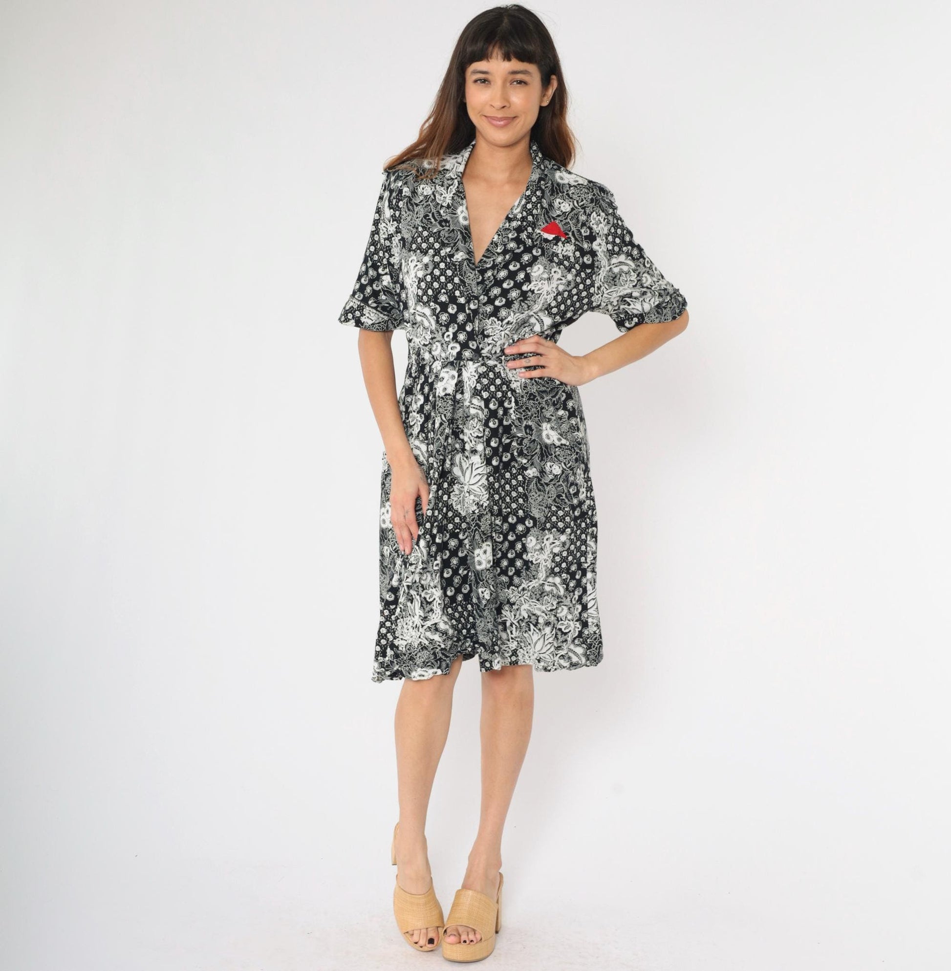 80s Jessica Ryan Black White Floral Midi Dress Faux Wrap Epaulettes Medium
