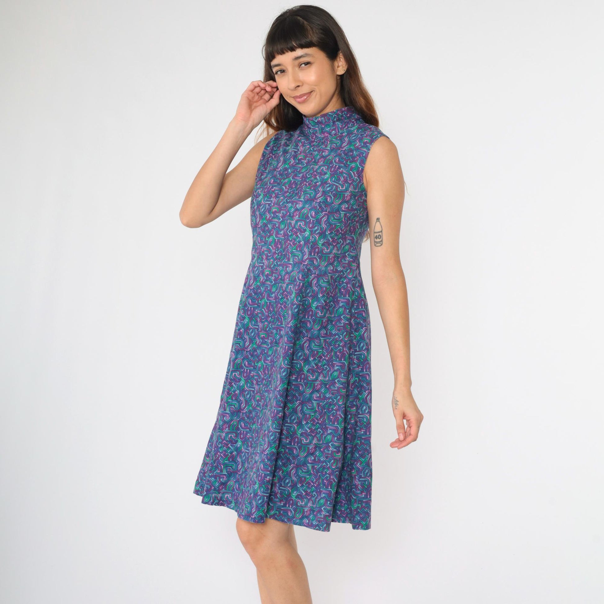90s Purple Blue Green Abstract Geometric Mock Neck Midi Dress Small