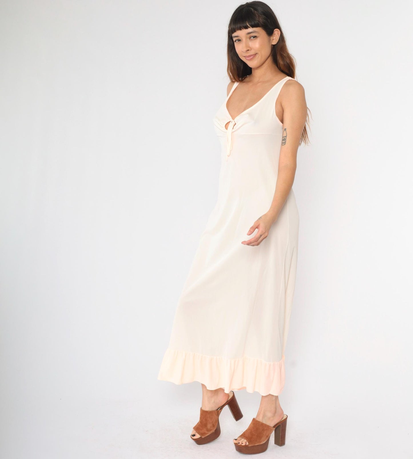 70s Peach Nylon Slip Dress Maxi Keyhole Empire Waist Small Medium