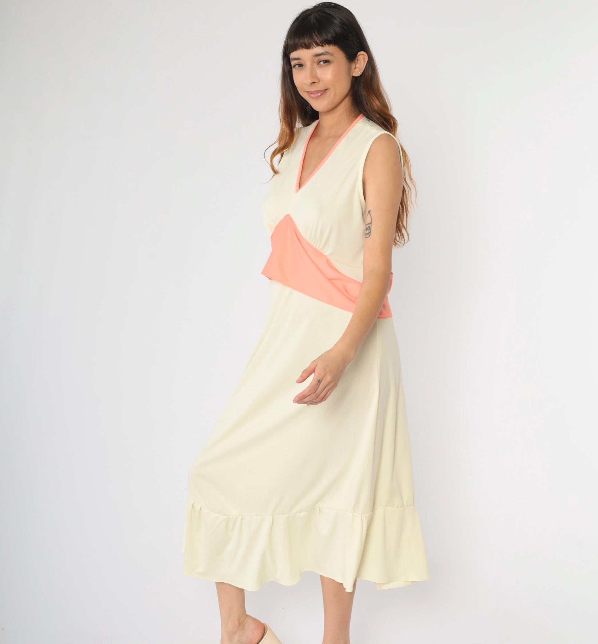 70s Cream Grecian Midi Dress V-Neck Empire Waist Flounce Sleeveless Large L