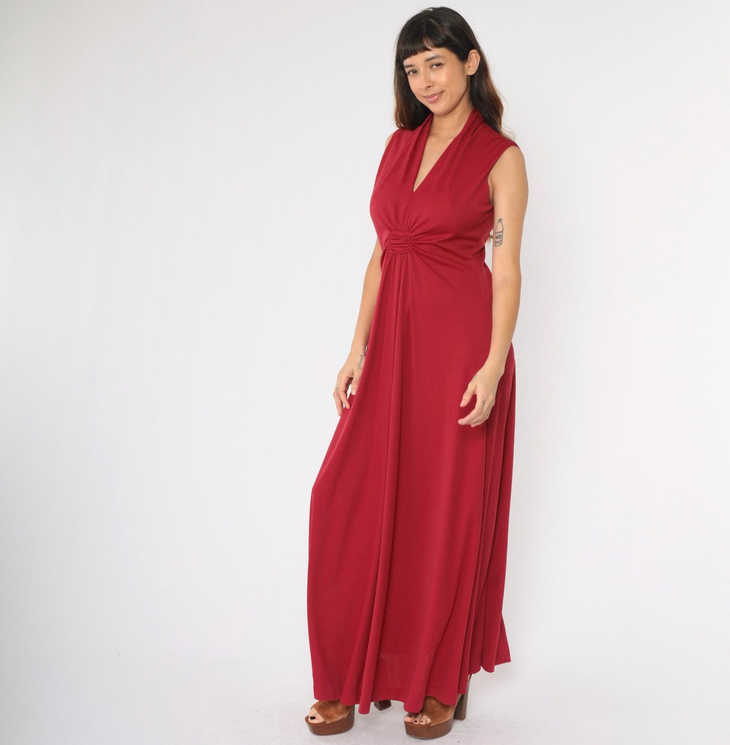 70s Raspberry Red Grecian V-Neck Maxi Dress Sleeveless Medium M