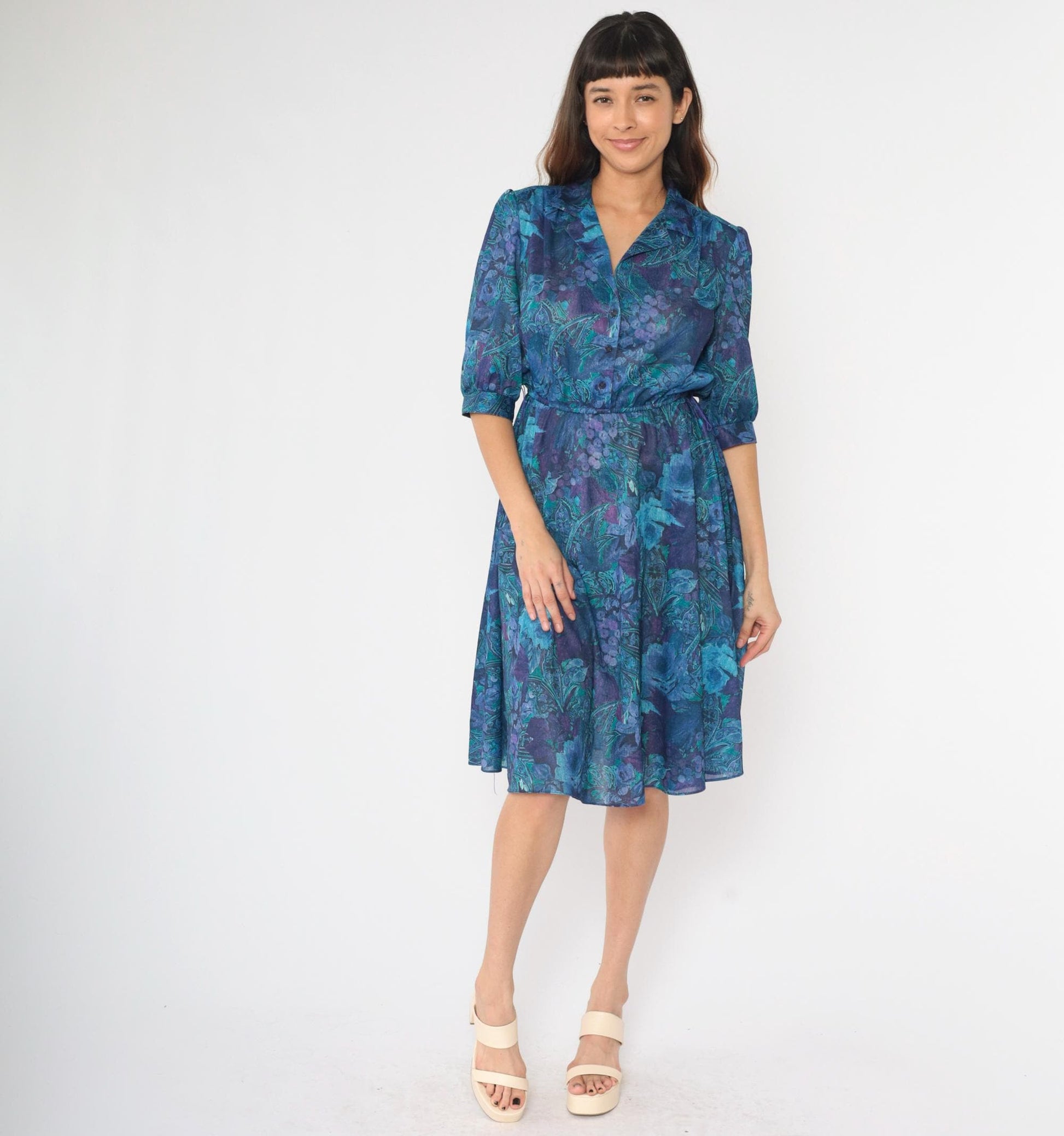 80s Paisley Grape Print Midi Shirtdress Puff Sleeve High Waist Button Up Small Medium