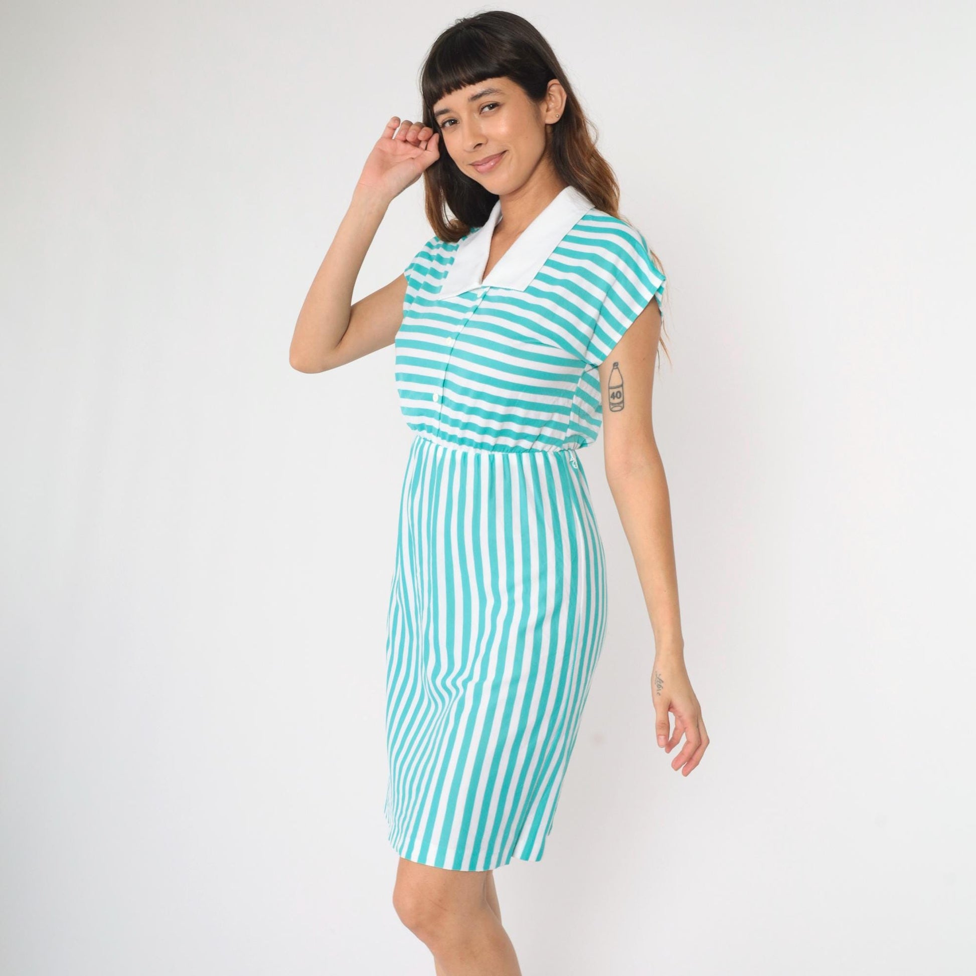 80s Mari Lynn Striped Shirt Dress Blue White Contrast Collar Cap Sleeve Small