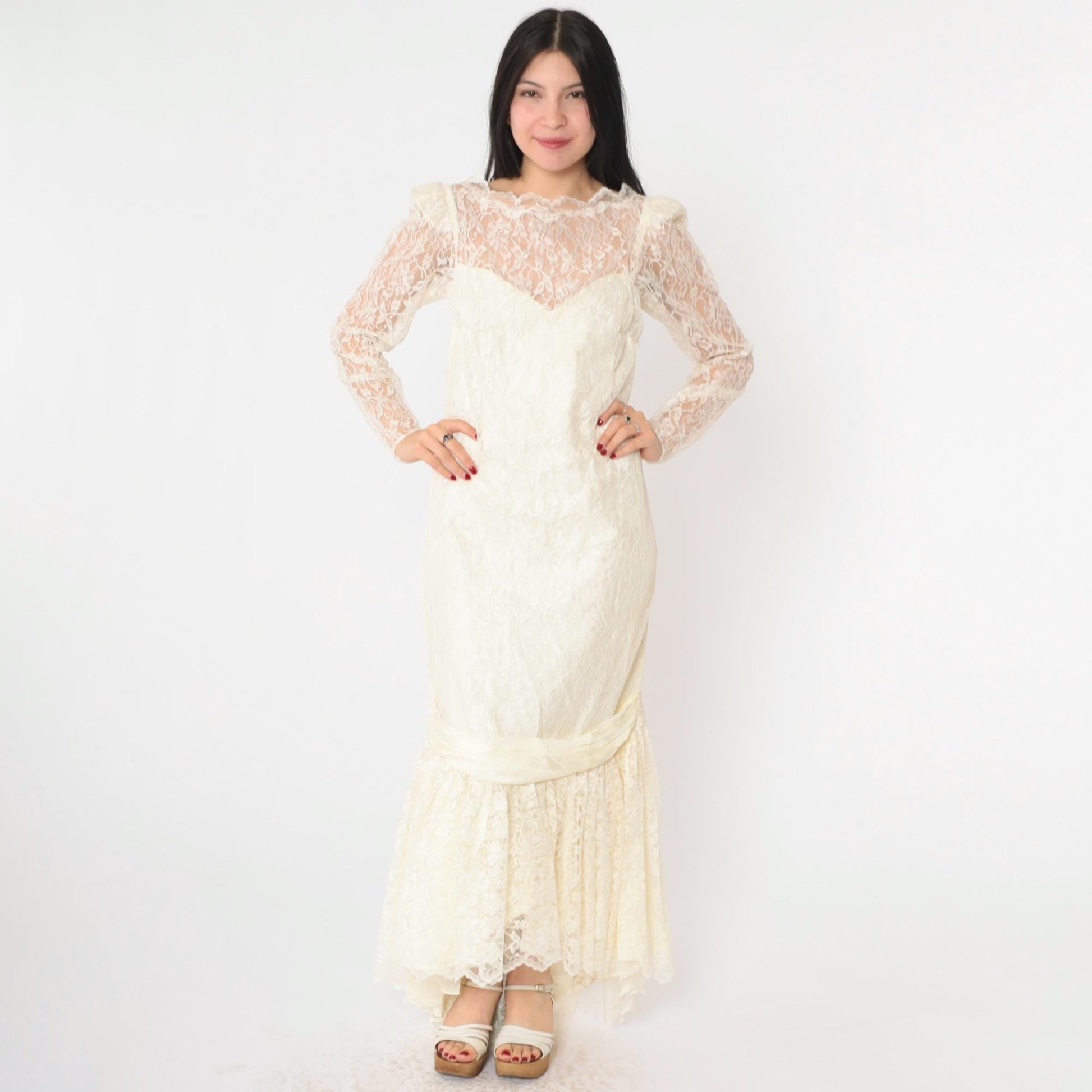 80s Off-White Lace Wedding Dress Maxi Gown Puff Sleeve Sweetheart Neckline Small S