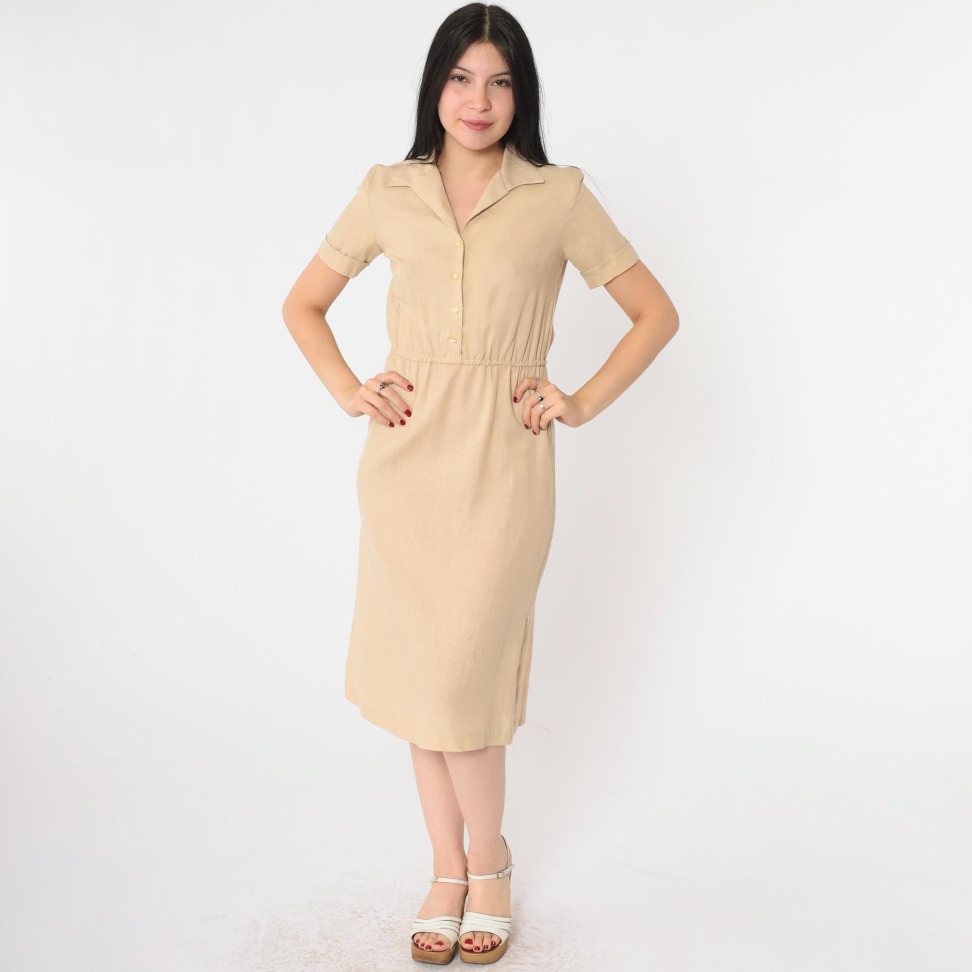 70s Tan Linen Shirtdress Button-Up Midi High-Waisted Short Sleeve Extra Small