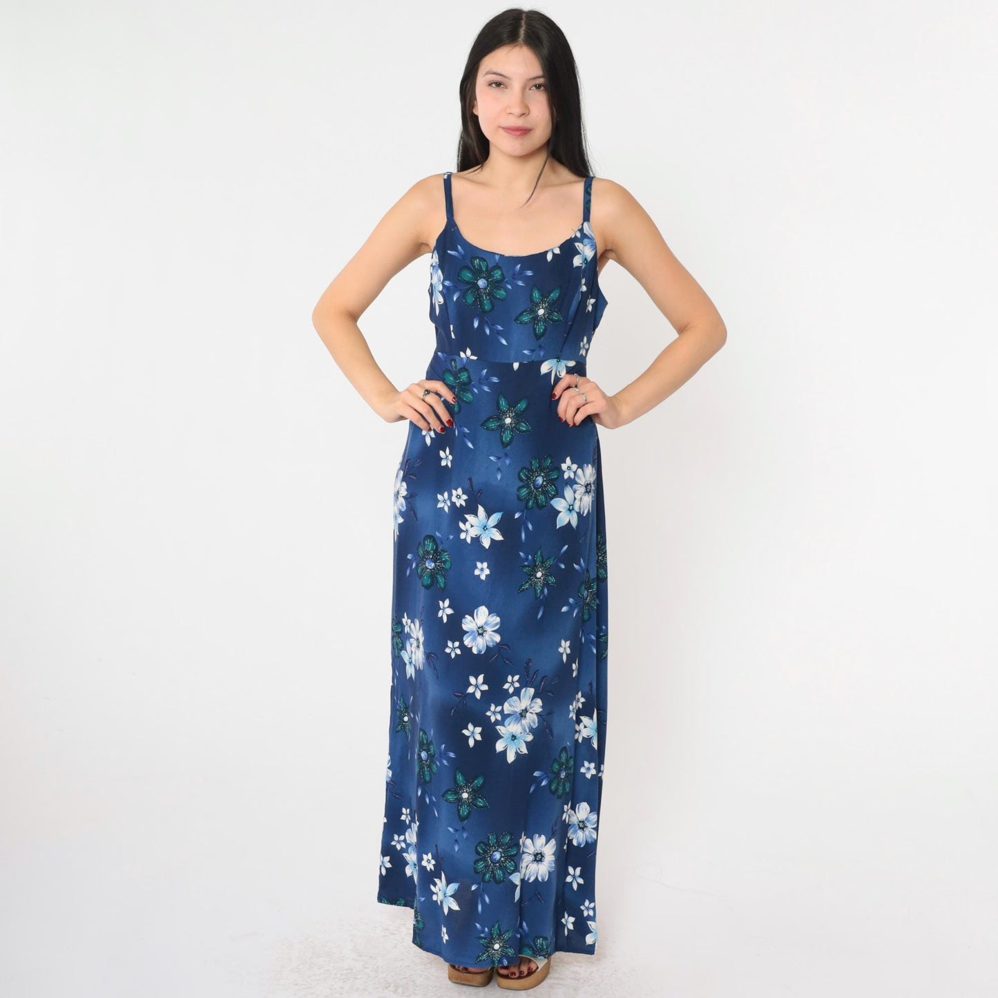 90s Blue Floral Maxi Dress Spaghetti Strap High Waist Medium