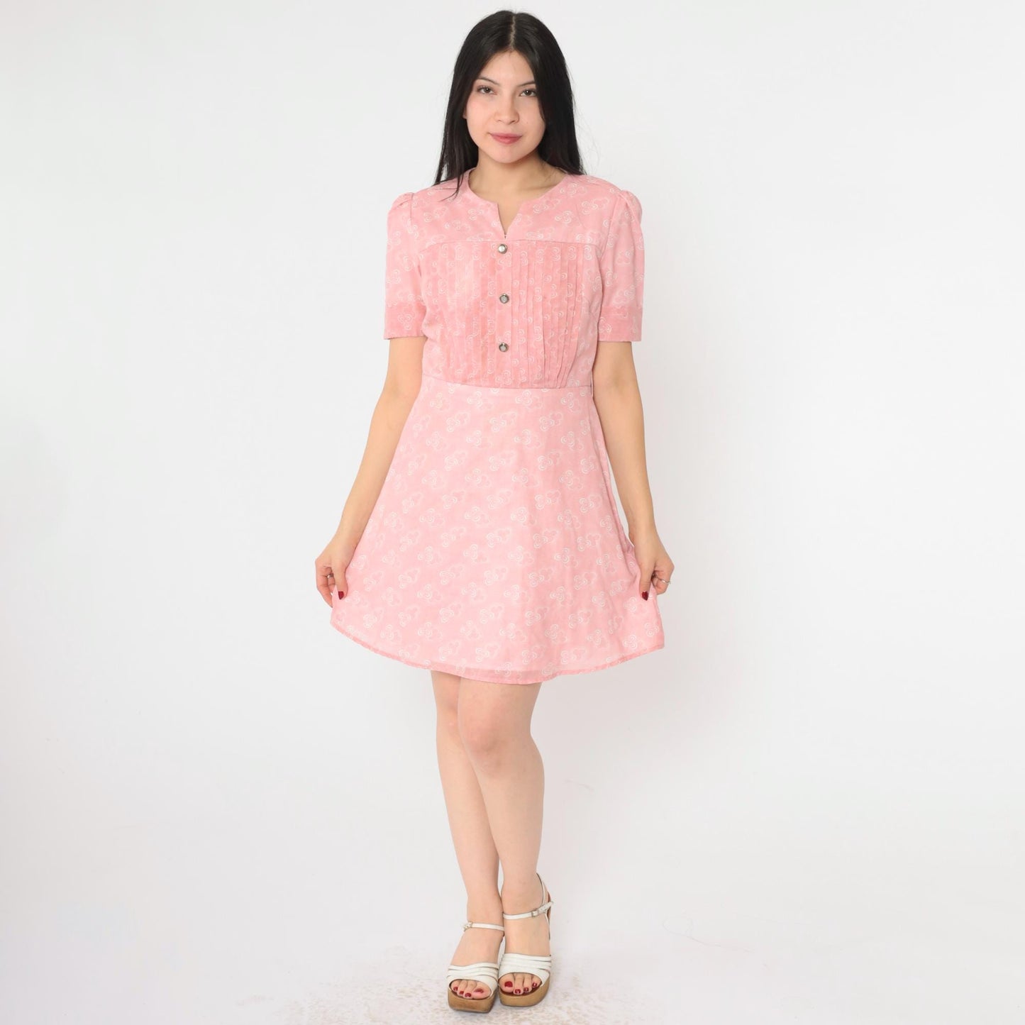70s Pink Floral Mini Dress Puff Sleeve High Waist Pleated Small
