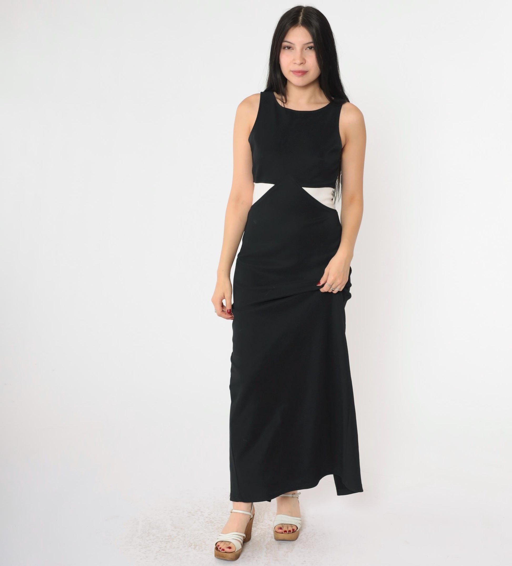 90s All That Jazz Black Maxi Dress White Trim Sleeveless Slit Medium