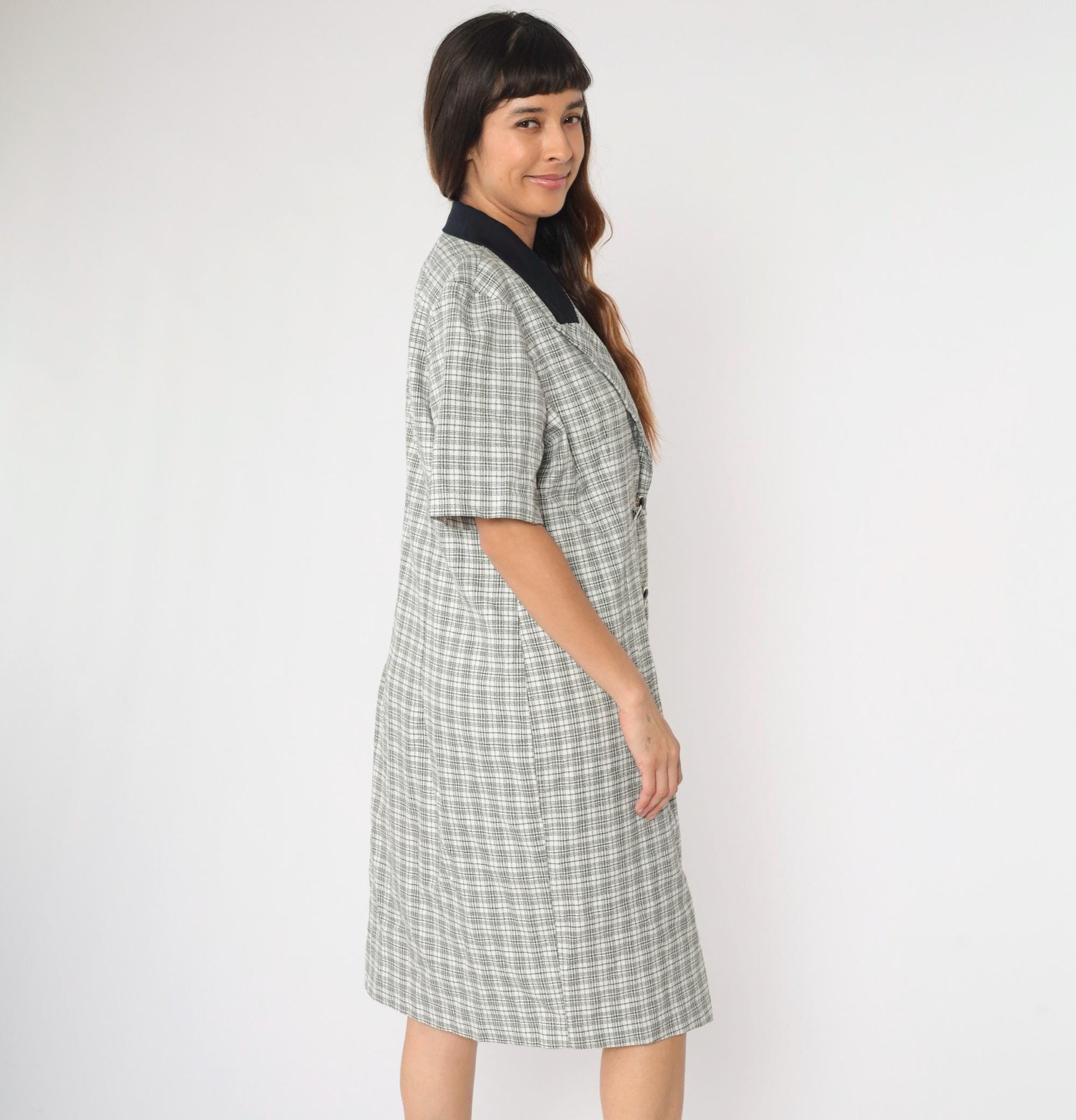 90s Black White Checkered Midi Dress Button Up Short Sleeve Extra Large XL