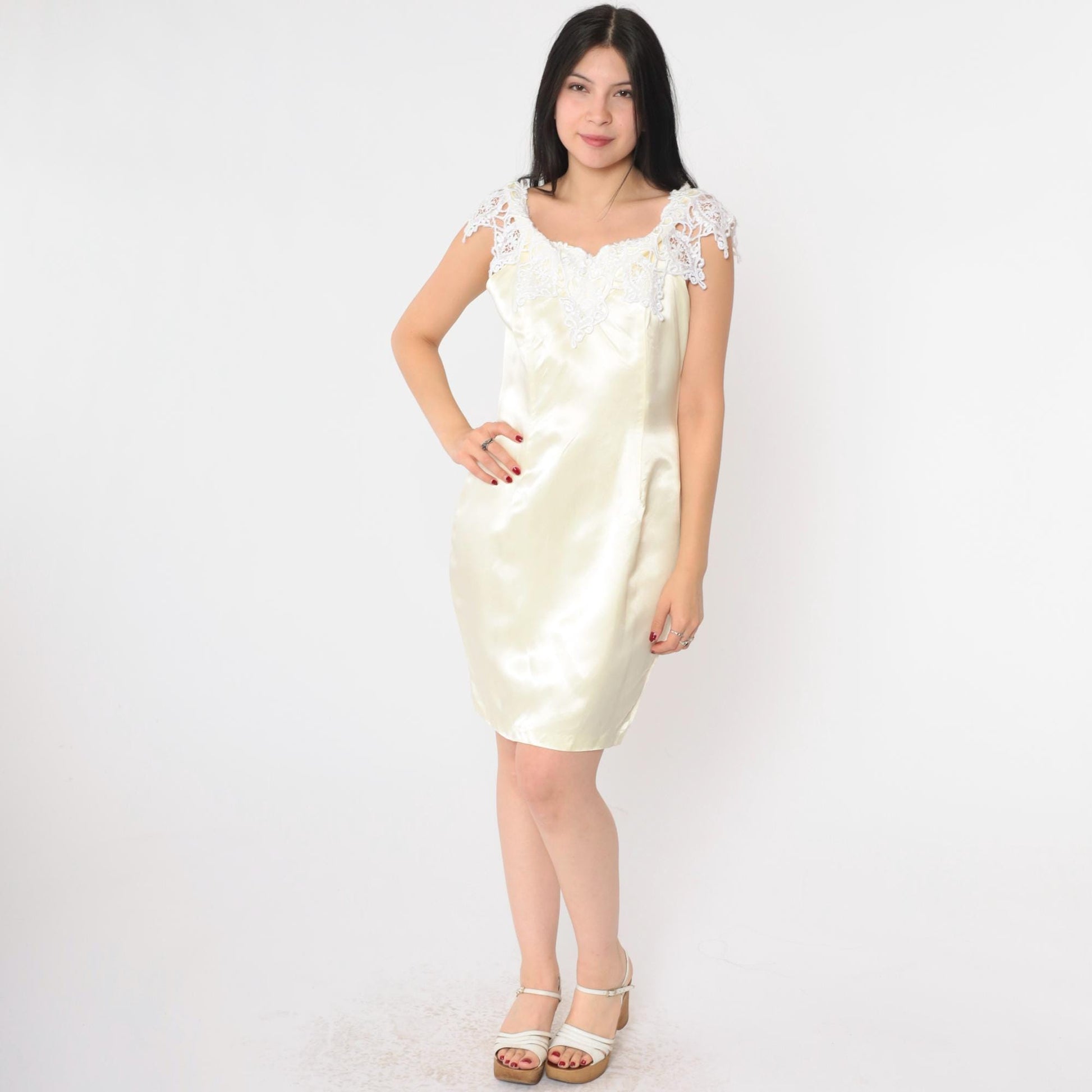 90s Cream Satin Lace Shift Dress Mini Sleeveless Small S