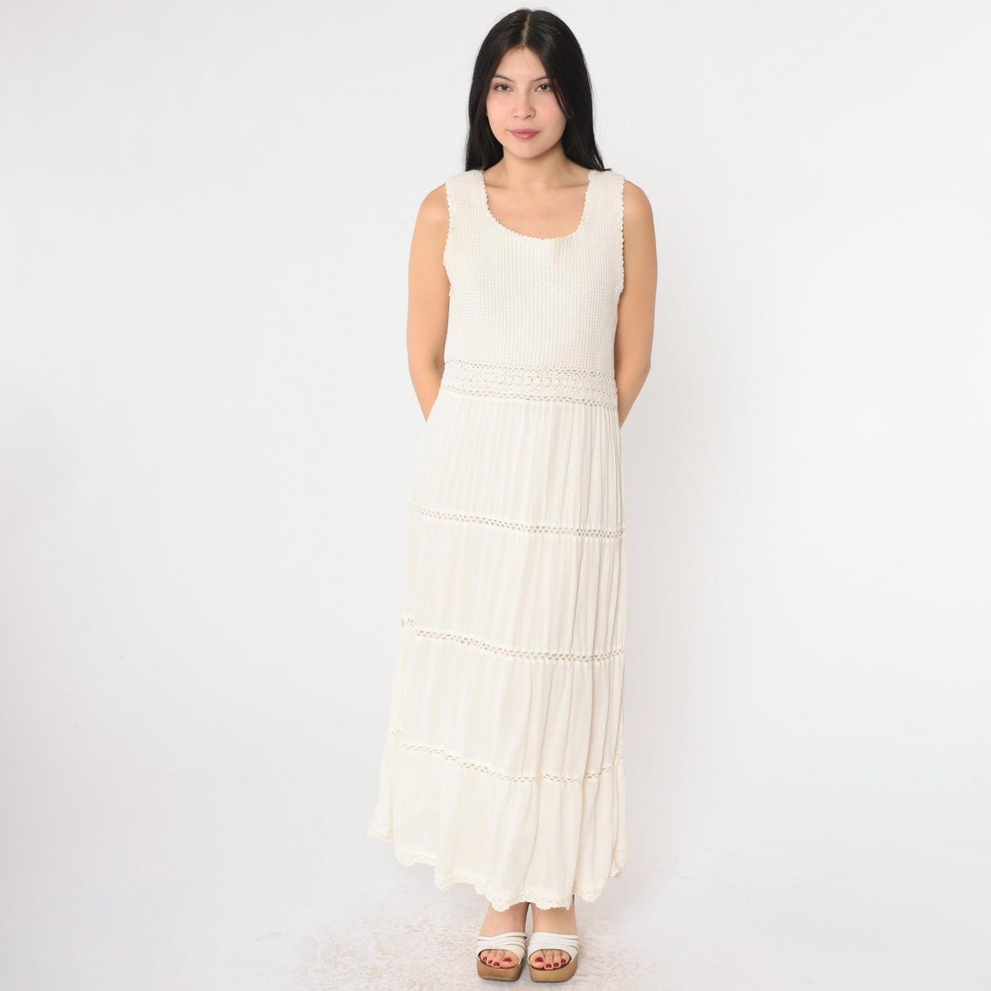 Y2K Cream Crochet Gauze Maxi Dress Sleeveless High Waist Small